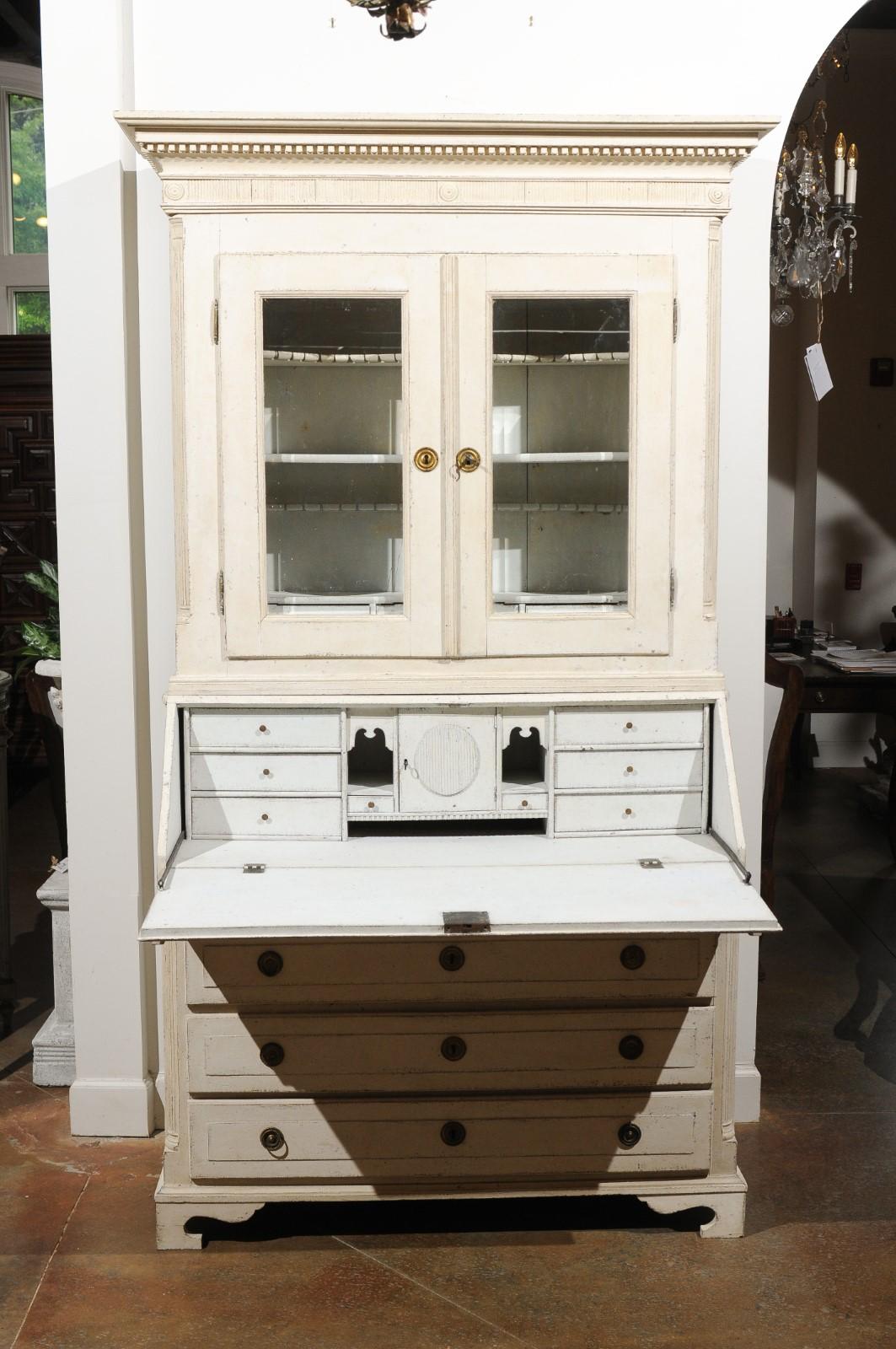 Swedish 18th Century Painted Secretary with Glass Doors and Slanted Front Desk 10