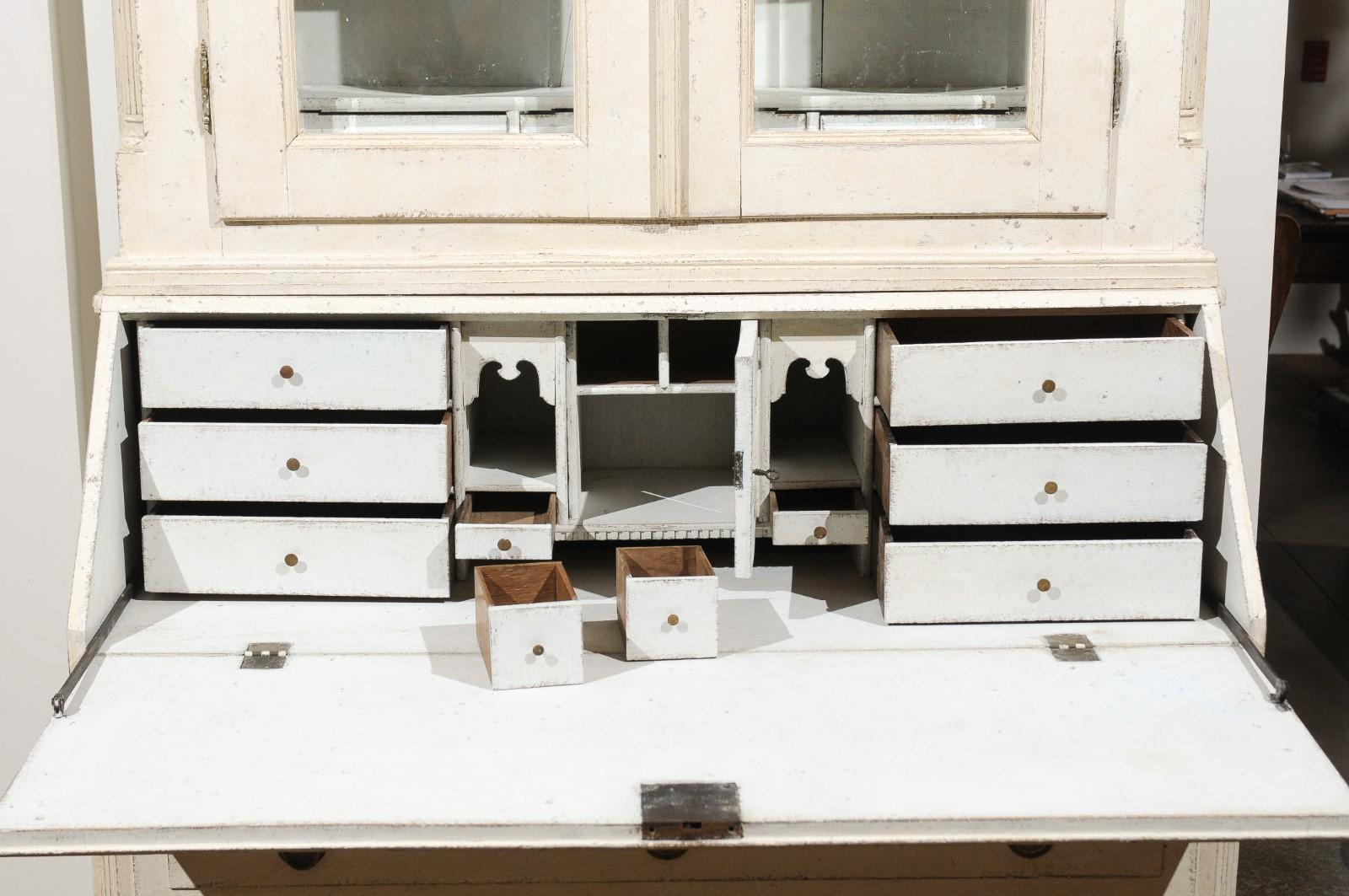 Swedish 18th Century Painted Secretary with Glass Doors and Slanted Front Desk 11