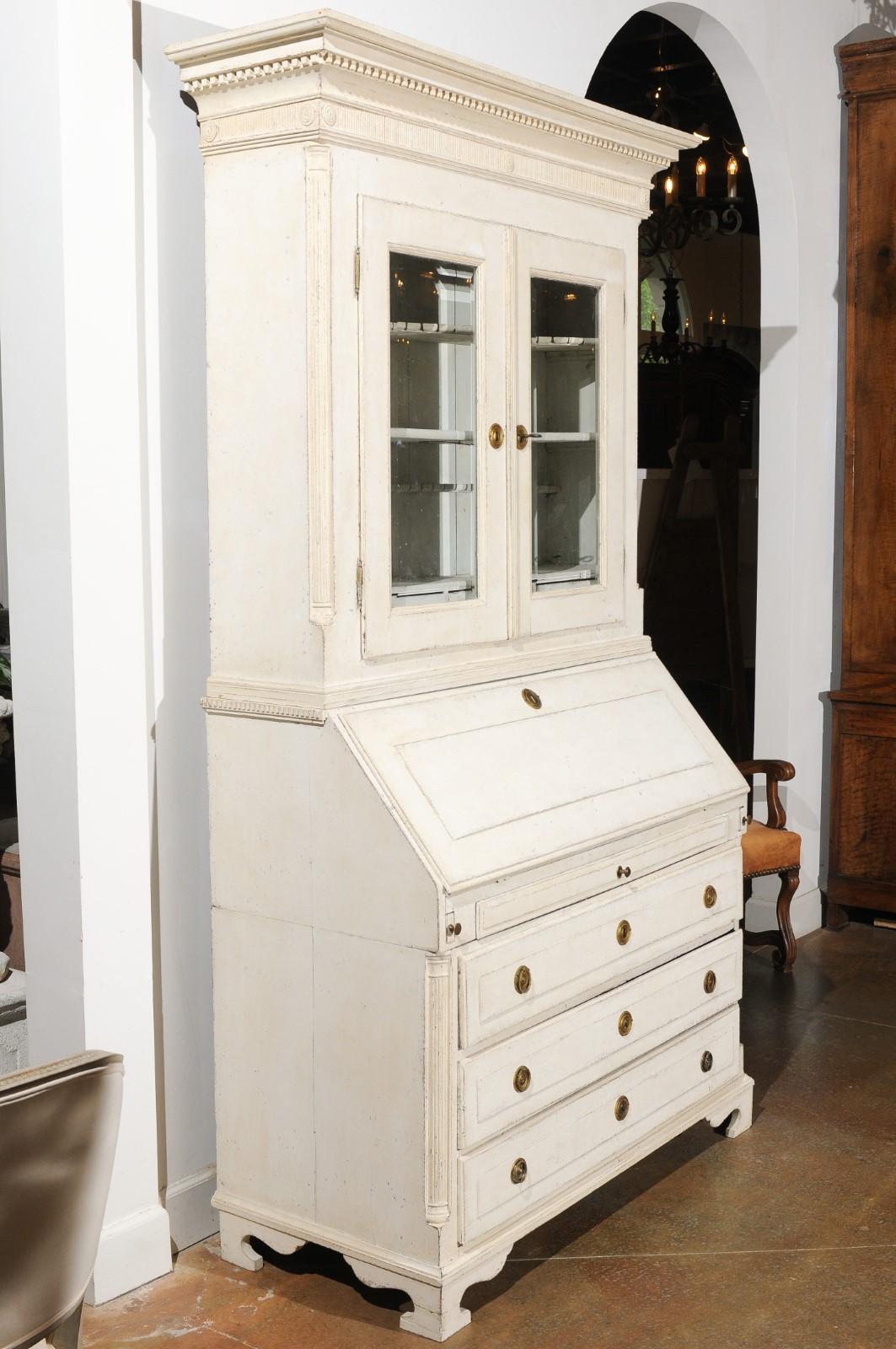 18th Century and Earlier Swedish 18th Century Painted Secretary with Glass Doors and Slanted Front Desk
