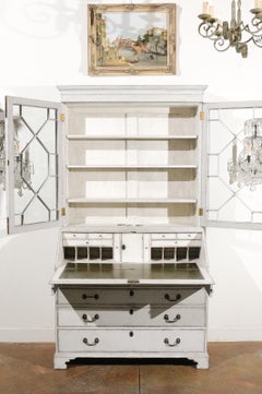 Swedish 18th Century Two-Part Secretary with Glass Doors and Slanted Desk