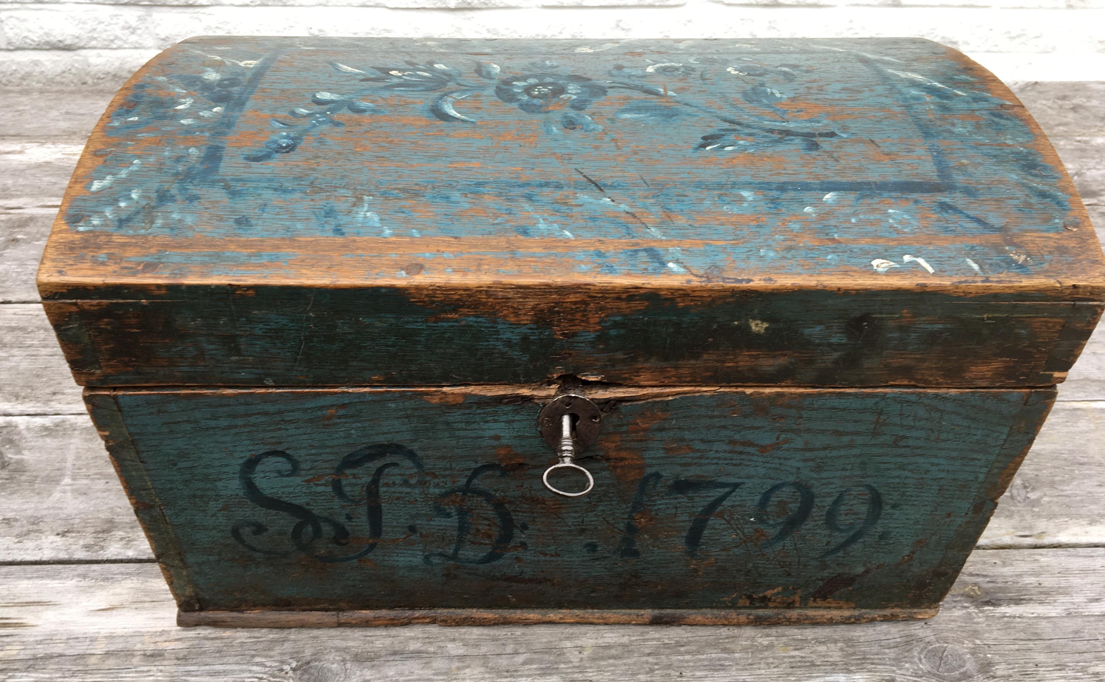 Painted Swedish 18th Century Wooden Monogrammed and Dated Folk Art Box