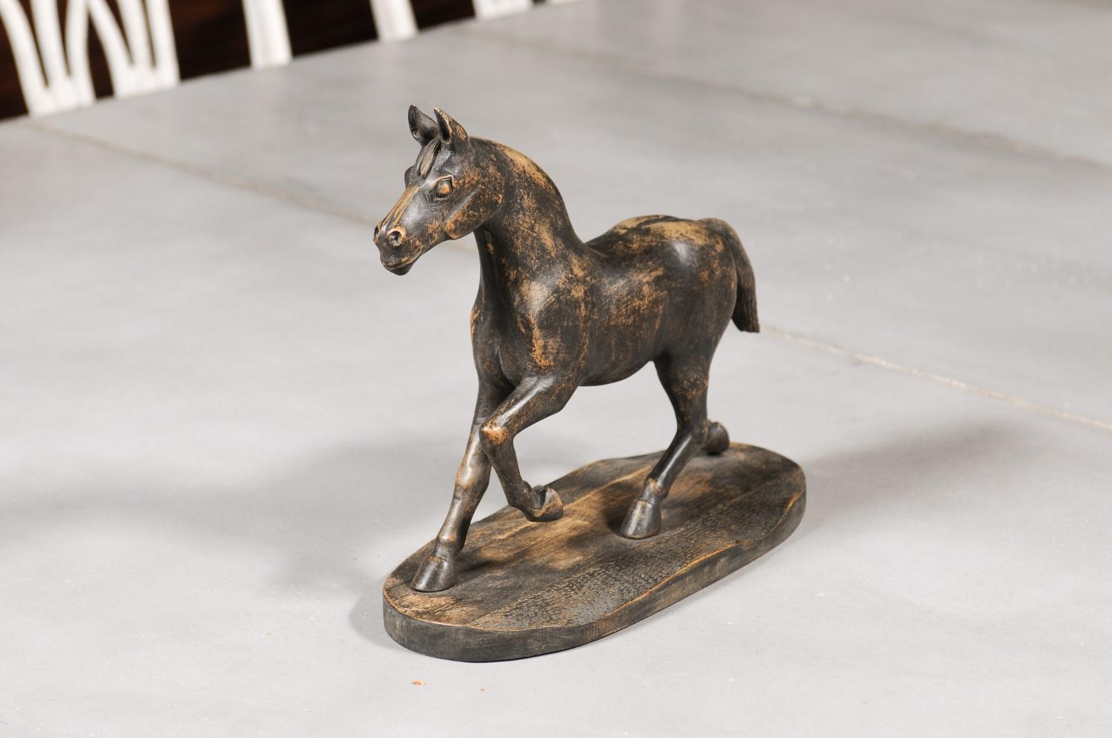 Swedish 1900s Carved Wooden Horse Sculpture on Base with Distressed Dark Patina 5