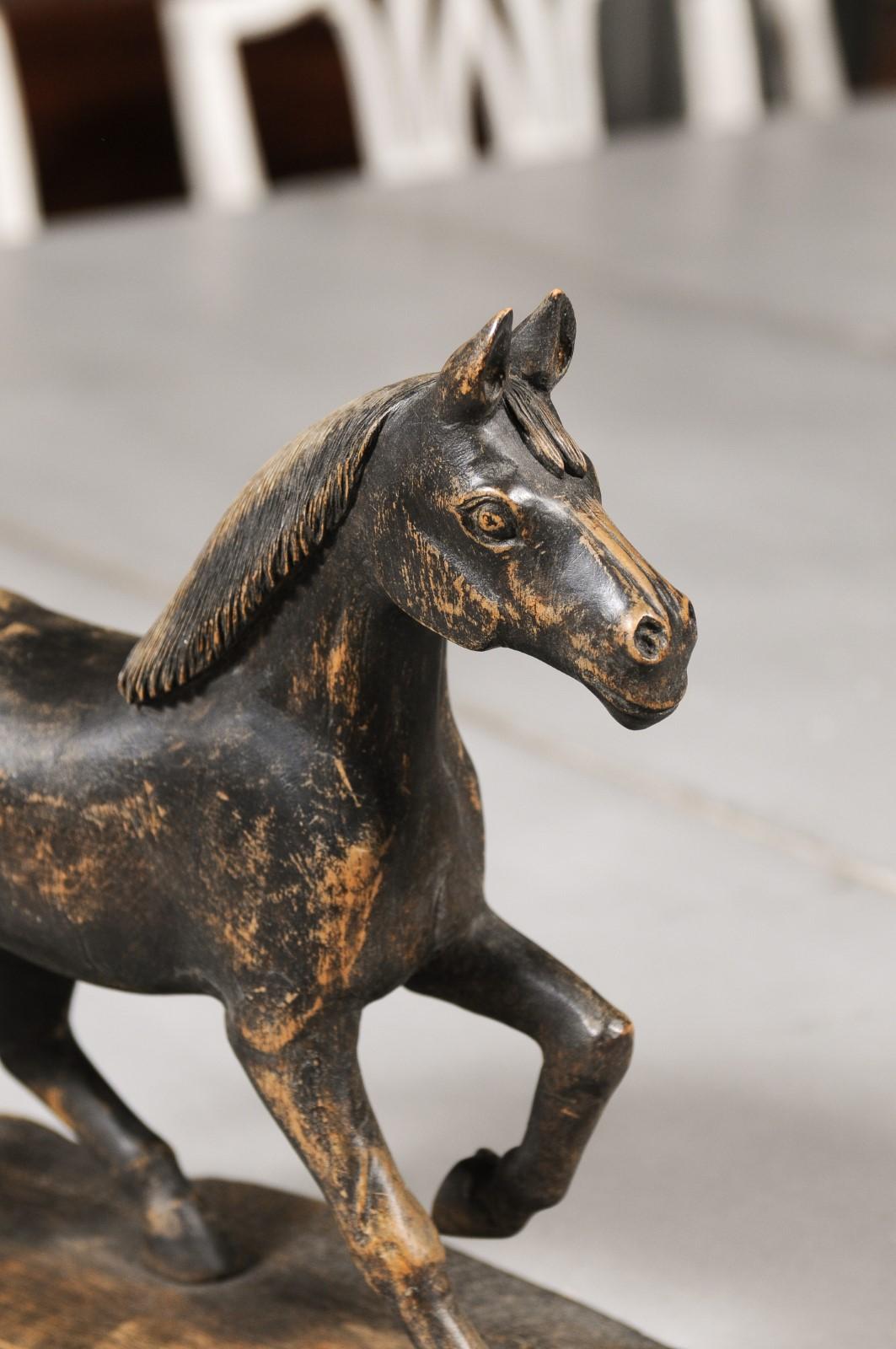 Hand-Carved Swedish 1900s Carved Wooden Horse Sculpture on Base with Distressed Dark Patina