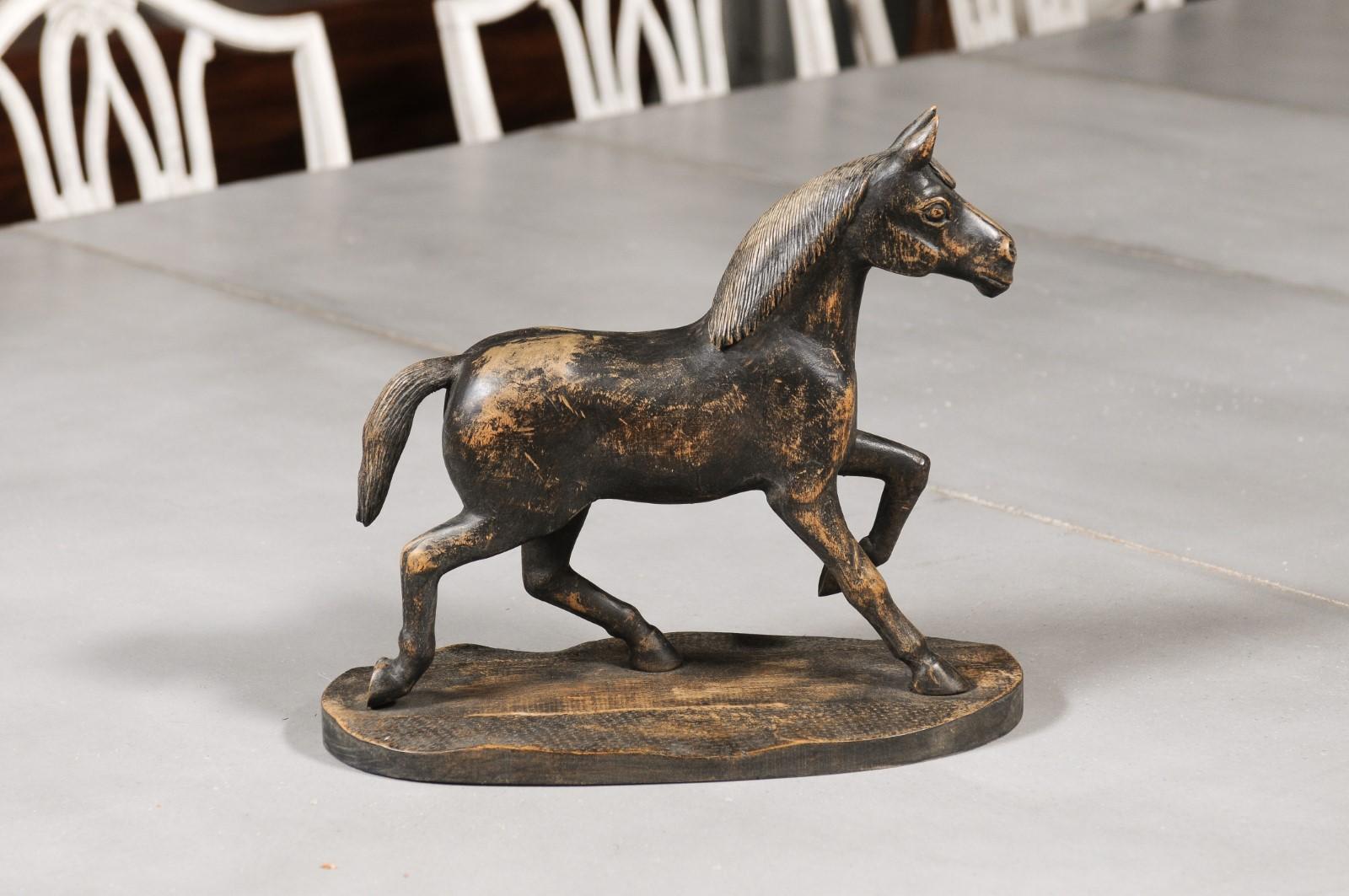 20th Century Swedish 1900s Carved Wooden Horse Sculpture on Base with Distressed Dark Patina