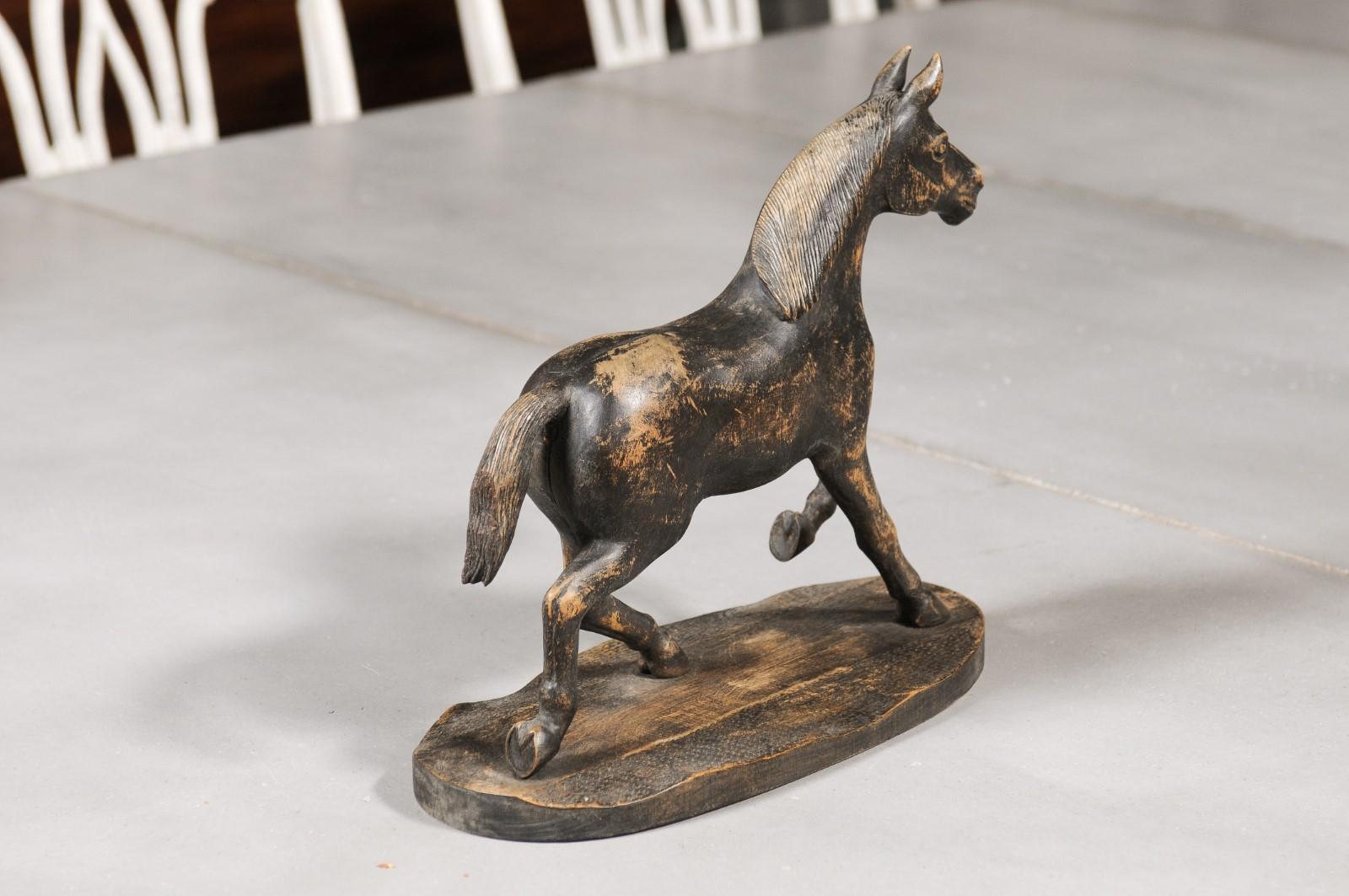 Swedish 1900s Carved Wooden Horse Sculpture on Base with Distressed Dark Patina 1