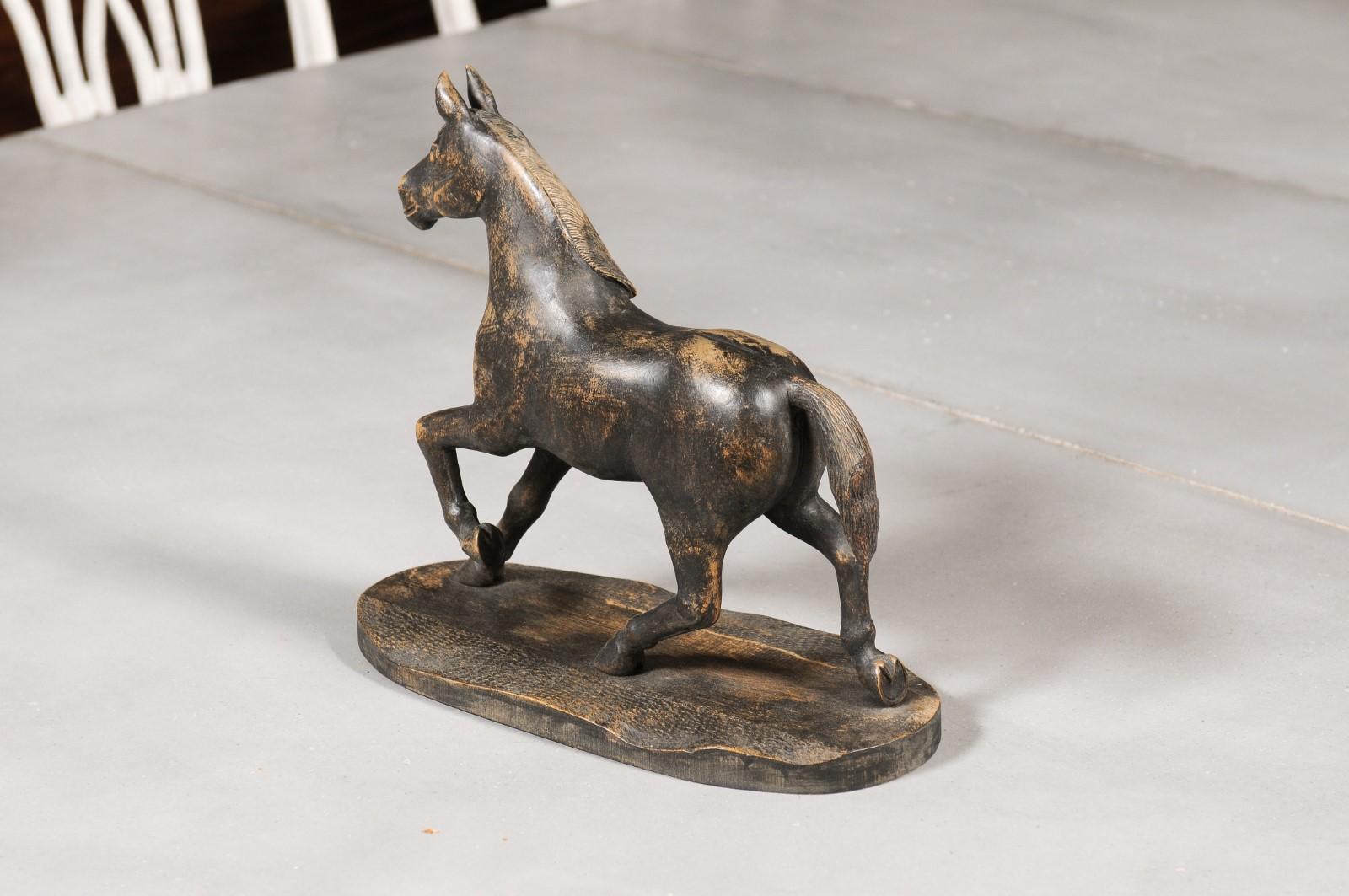Swedish 1900s Carved Wooden Horse Sculpture on Base with Distressed Dark Patina 3