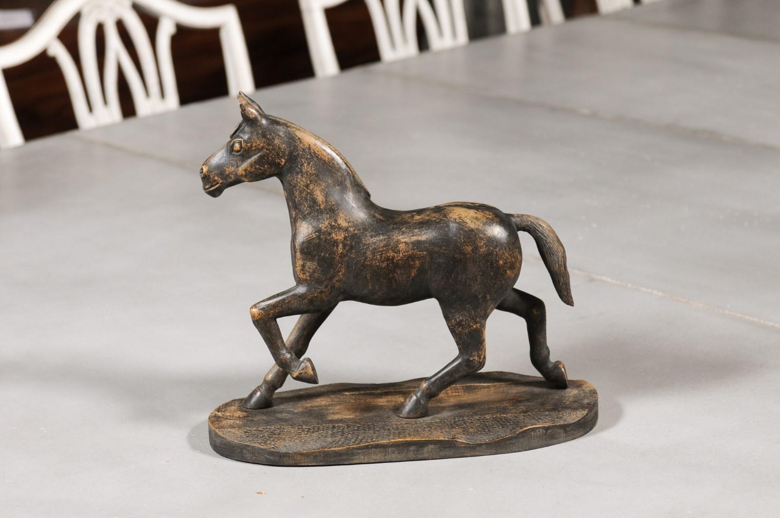 Swedish 1900s Carved Wooden Horse Sculpture on Base with Distressed Dark Patina 4