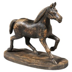 Swedish 1900s Carved Wooden Horse Sculpture on Base with Distressed Dark Patina