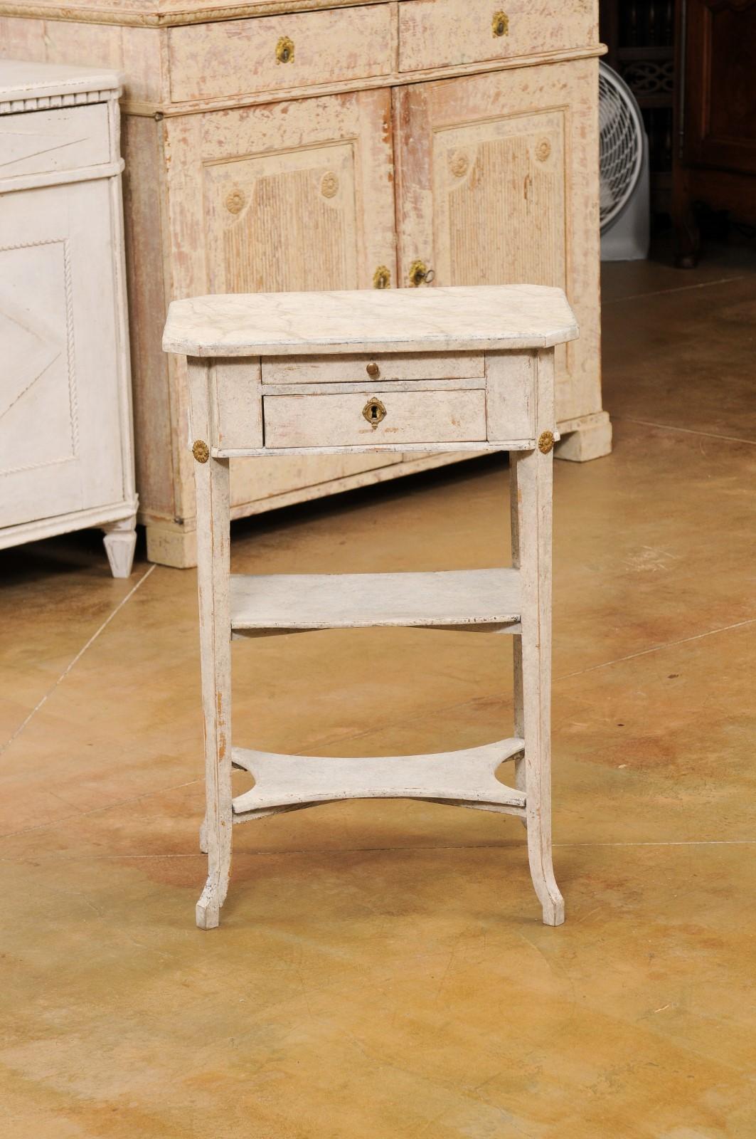 Swedish 1900s Gustavian Style Painted Console Table with Two Drawers and Shelves For Sale 7