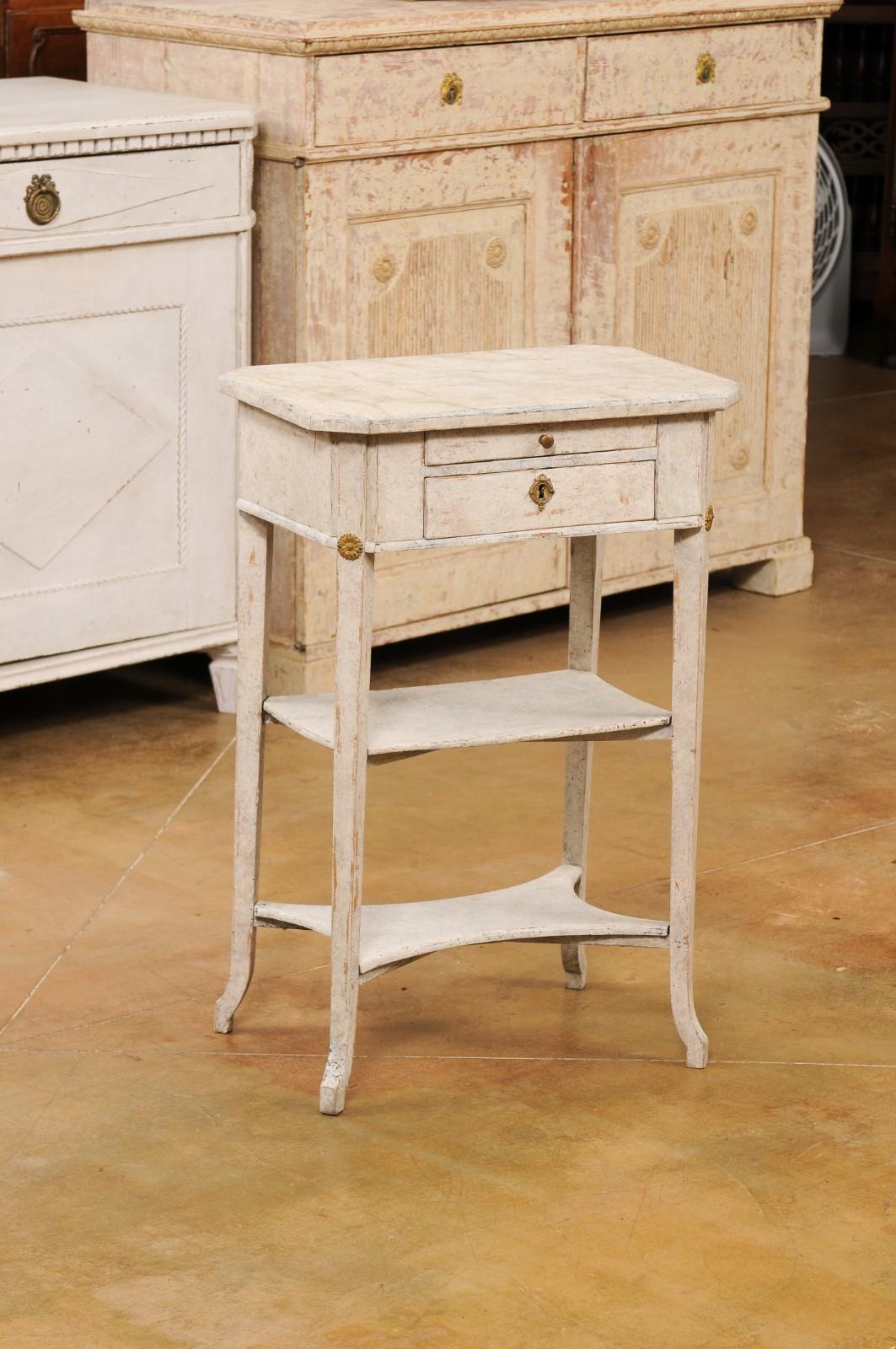 Carved Swedish 1900s Gustavian Style Painted Console Table with Two Drawers and Shelves For Sale