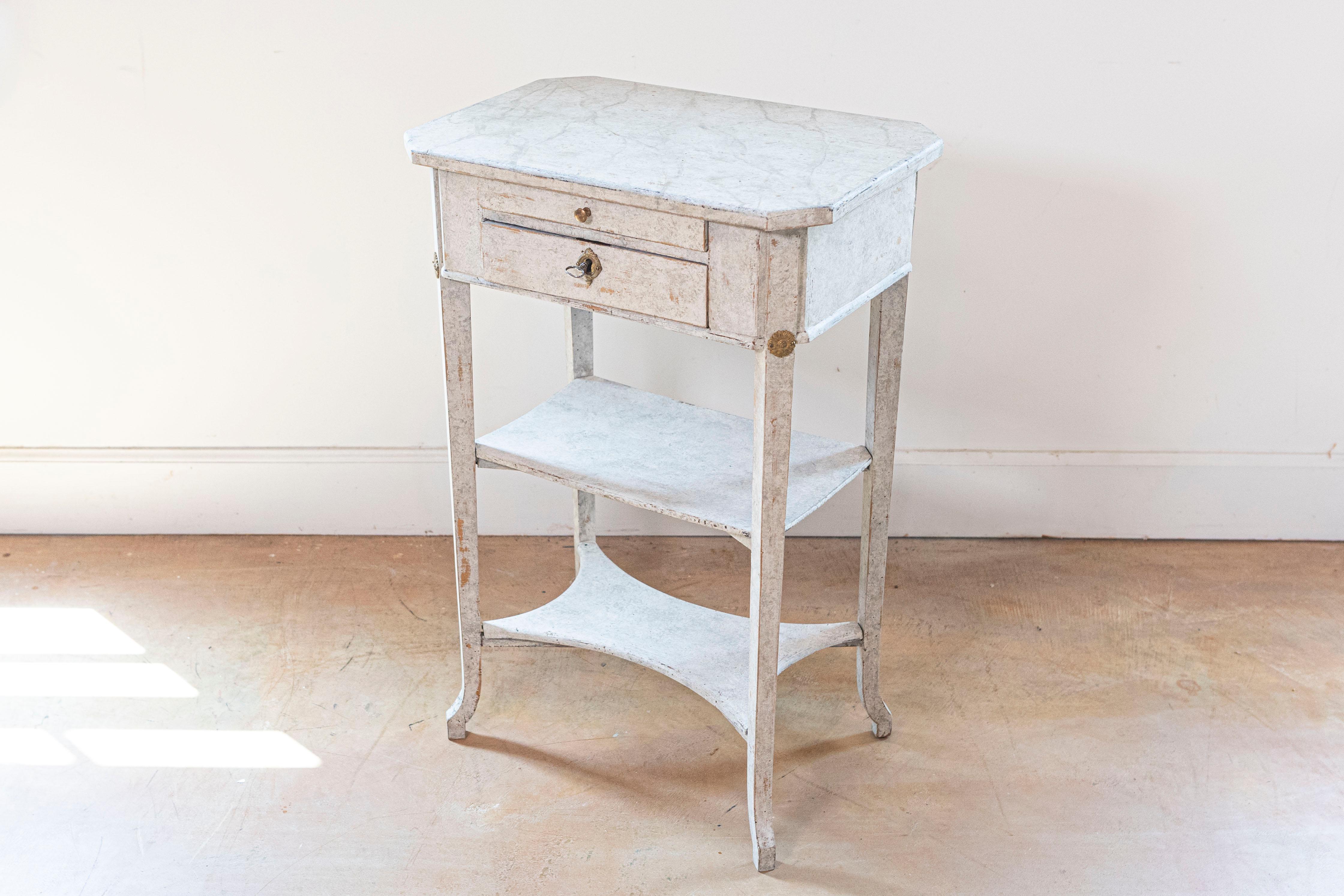Carved Swedish 1900s Gustavian Style Painted Console Table with Two Drawers and Shelves For Sale