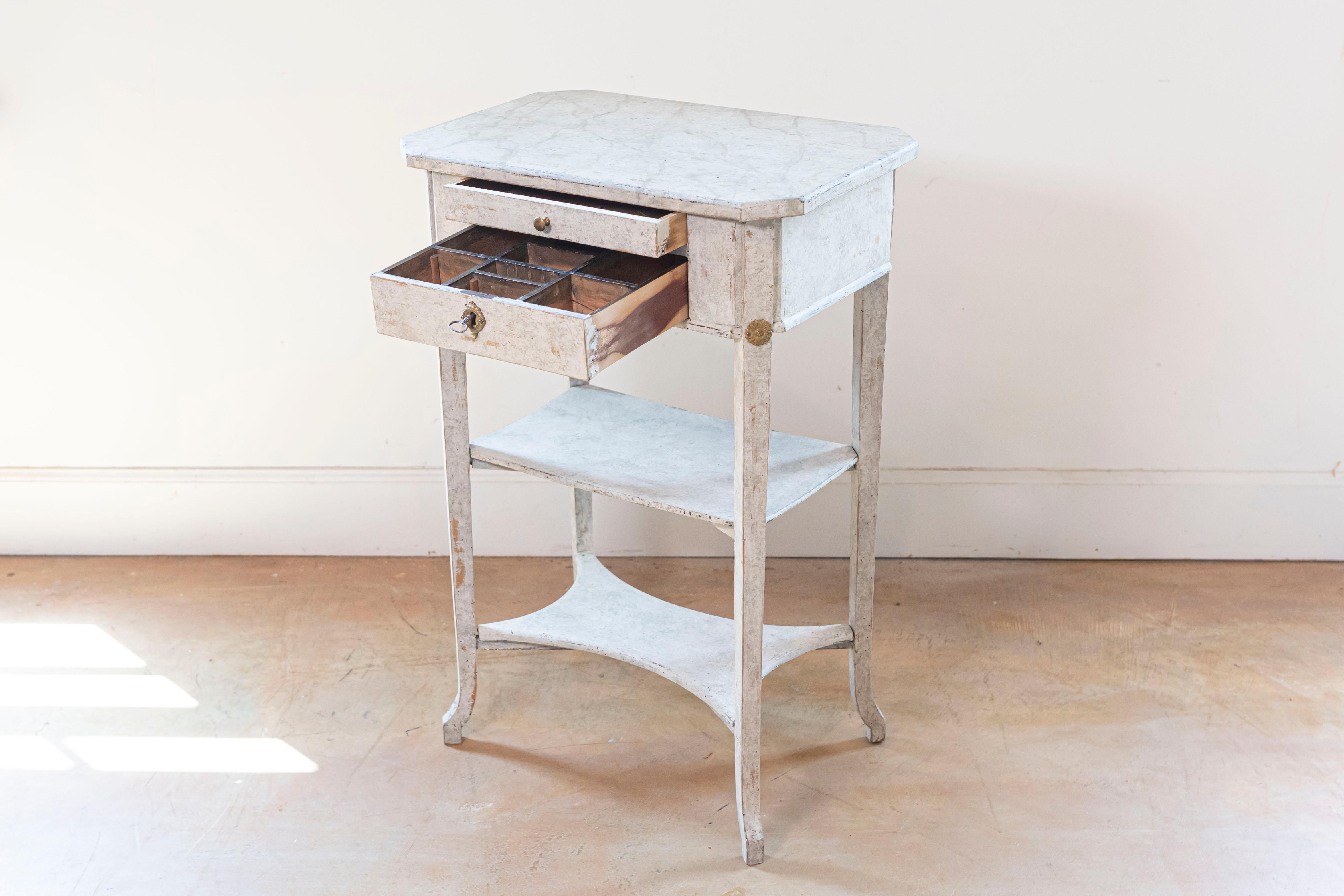 Brass Swedish 1900s Gustavian Style Painted Console Table with Two Drawers and Shelves For Sale