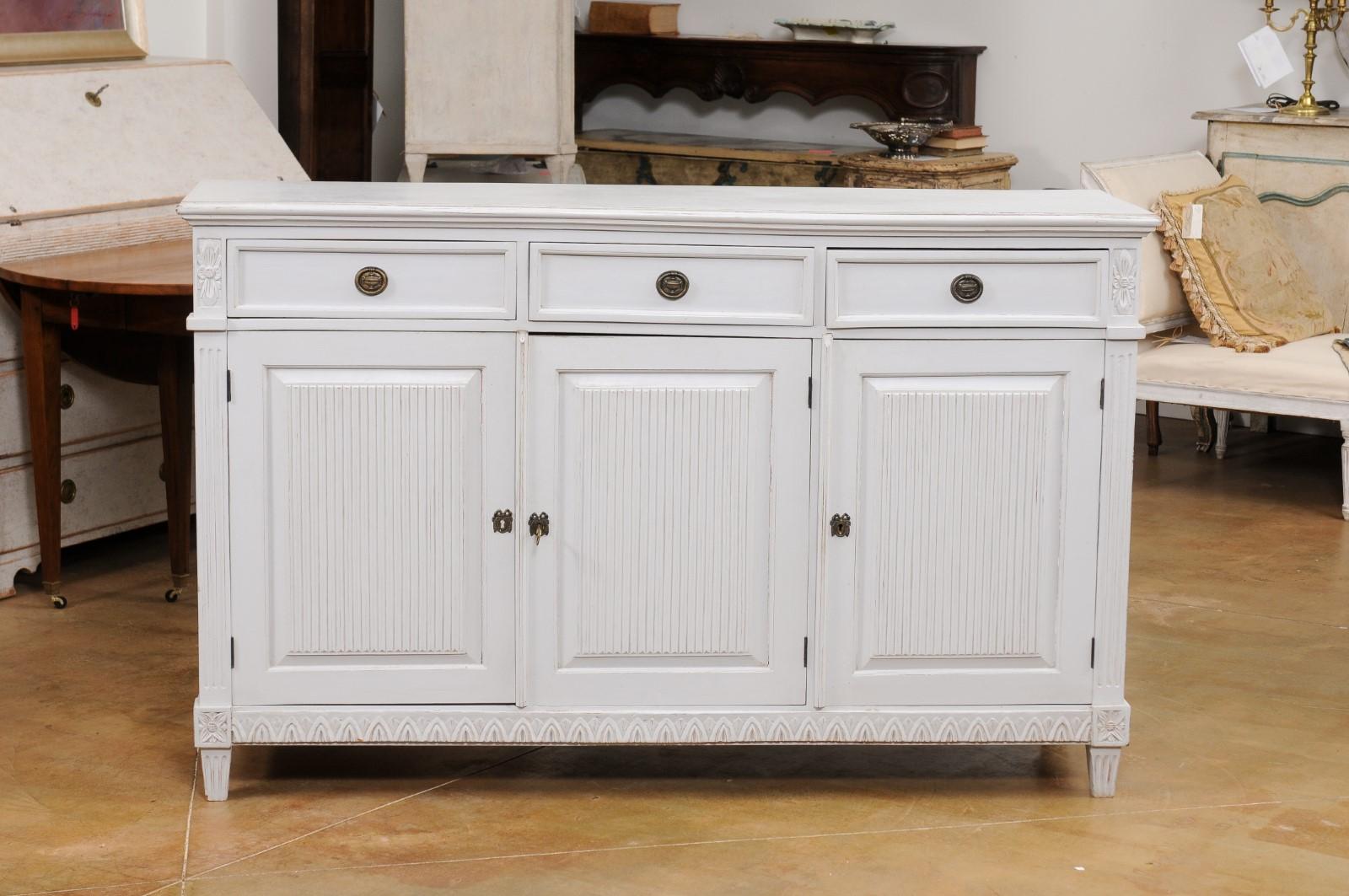 Wood Swedish 1900s Gustavian Style Painted Sideboard with Three Drawers over Doors For Sale
