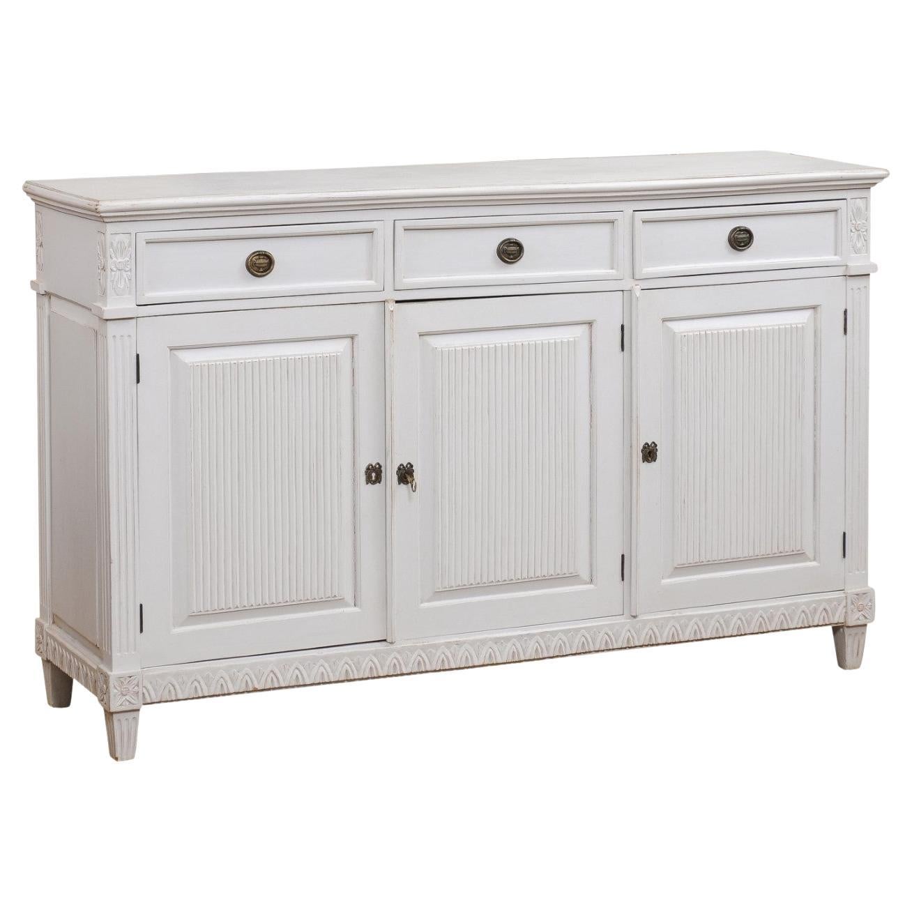 Swedish 1900s Gustavian Style Painted Sideboard with Three Drawers over Doors For Sale