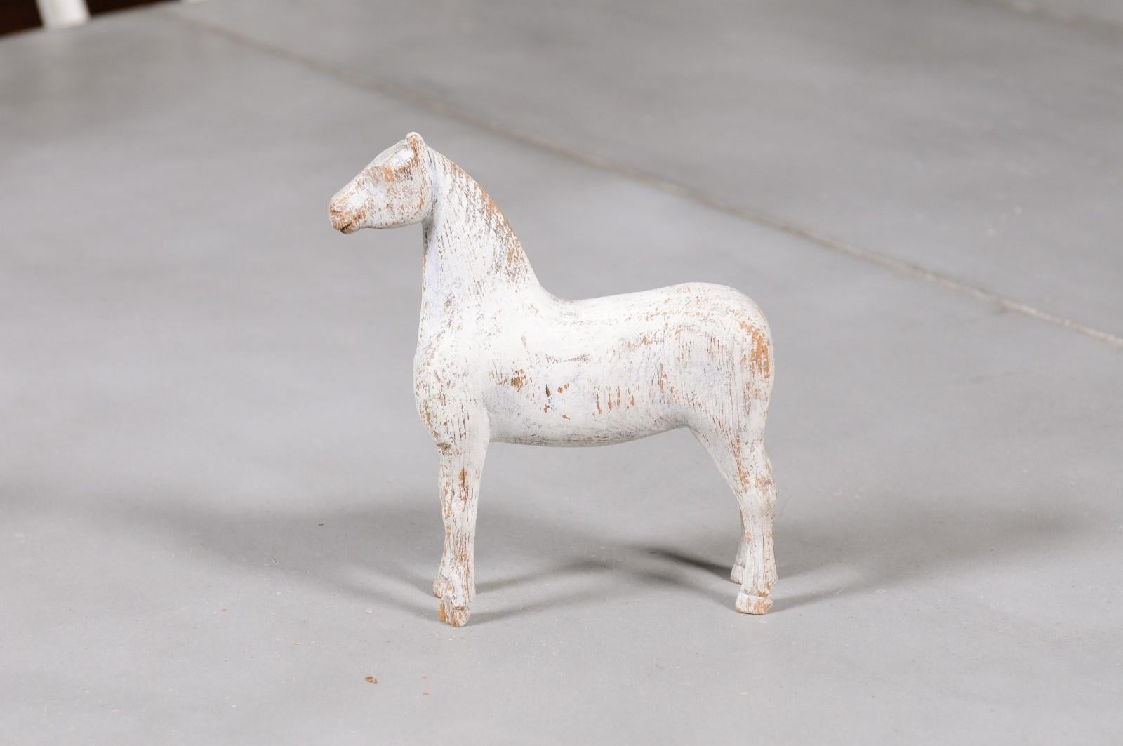 Swedish 1900s Painted Miniature Wooden Horse Sculpture with Distressed Patina 4