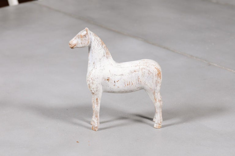 Swedish 1900s Painted Miniature Wooden Horse Sculpture with Distressed Patina For Sale 4
