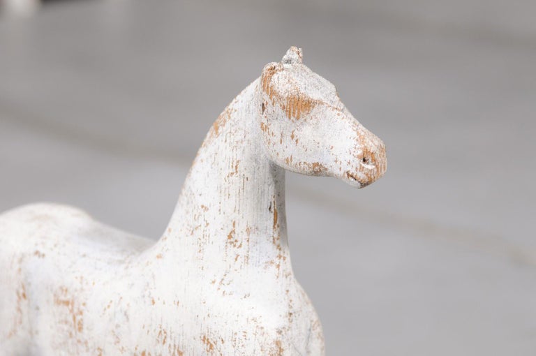 Carved Swedish 1900s Painted Miniature Wooden Horse Sculpture with Distressed Patina For Sale