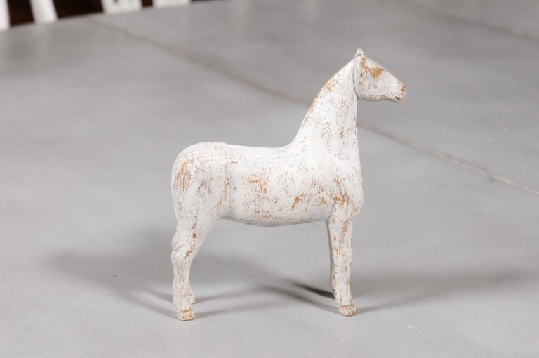 20th Century Swedish 1900s Painted Miniature Wooden Horse Sculpture with Distressed Patina For Sale