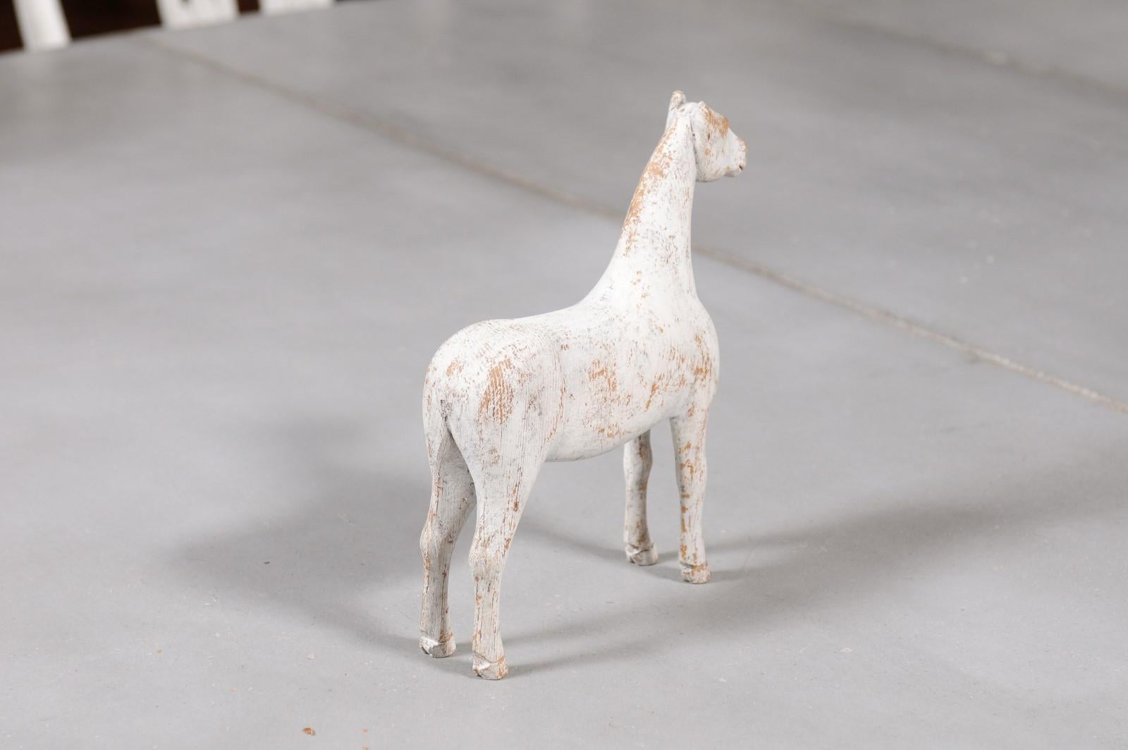 Swedish 1900s Painted Miniature Wooden Horse Sculpture with Distressed Patina 1