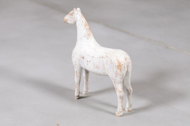 Swedish 1900s Painted Miniature Wooden Horse Sculpture with Distressed Patina For Sale 3