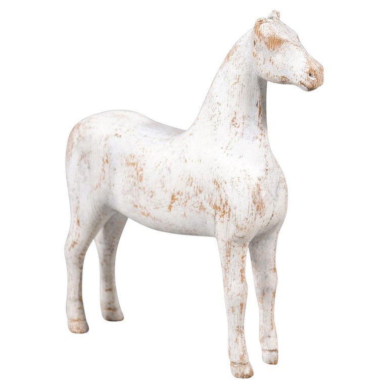 Swedish 1900s Painted Miniature Wooden Horse Sculpture with Distressed Patina For Sale