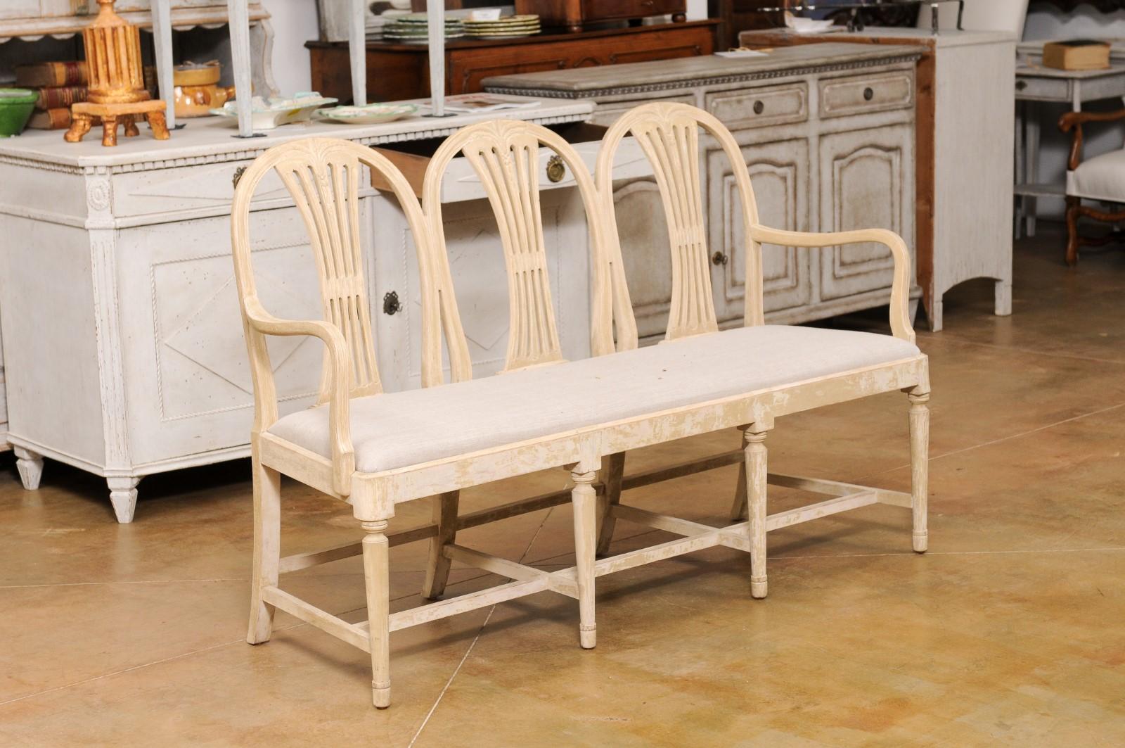 Carved Swedish 1910s Gustavian Style Painted Three-Seat Sofa Bench with Upholstery