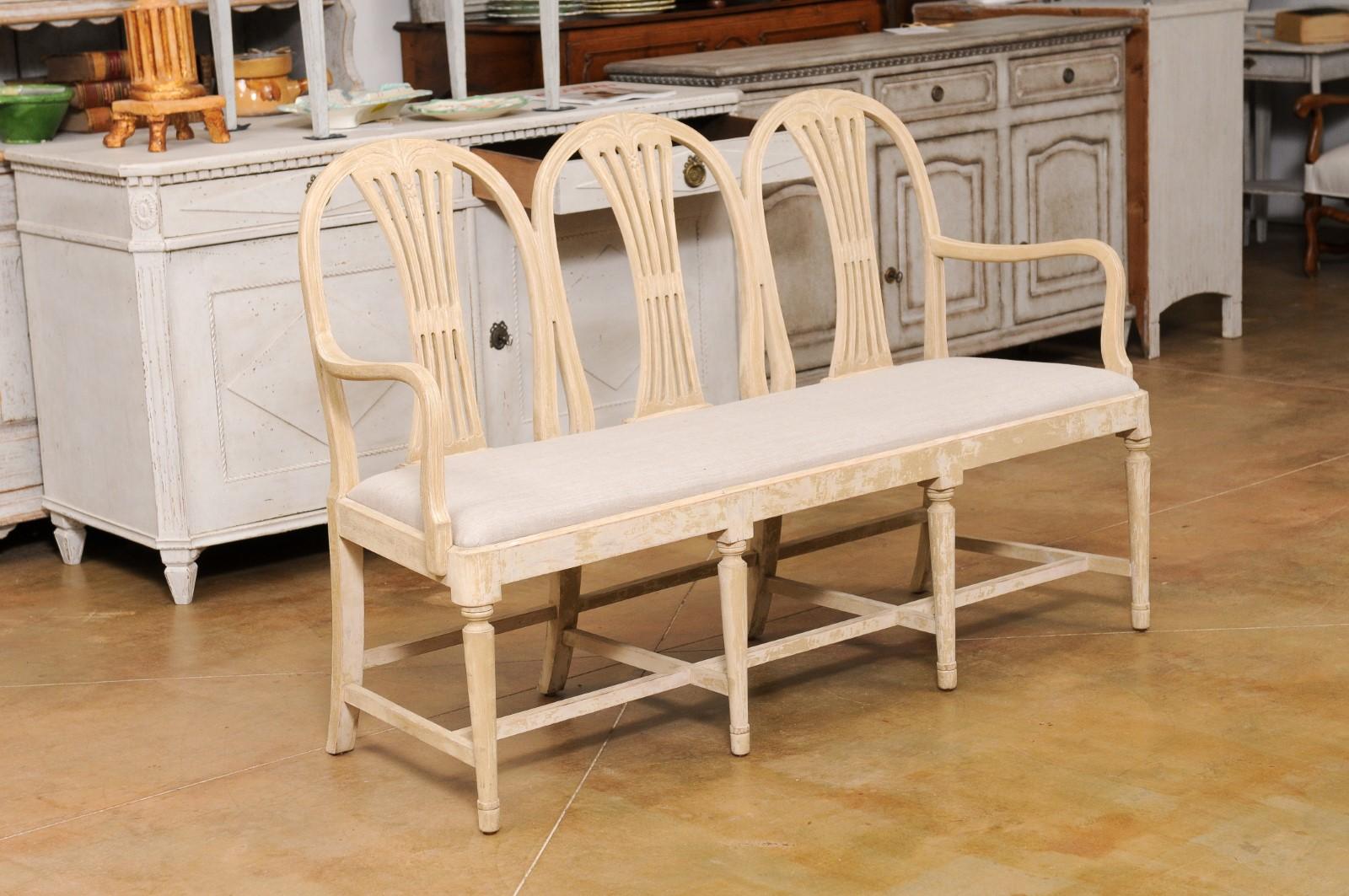 Swedish 1910s Gustavian Style Painted Three-Seat Sofa Bench with Upholstery In Good Condition In Atlanta, GA