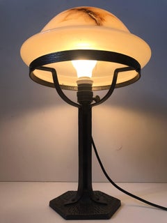 Swedish, 1920 Art Nouveau Jugendstil Wrought Iron and Art Glass Table Lamp