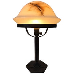 Swedish, 1920 Art Nouveau Jugendstil Wrought Iron and Art Glass Table Lamp