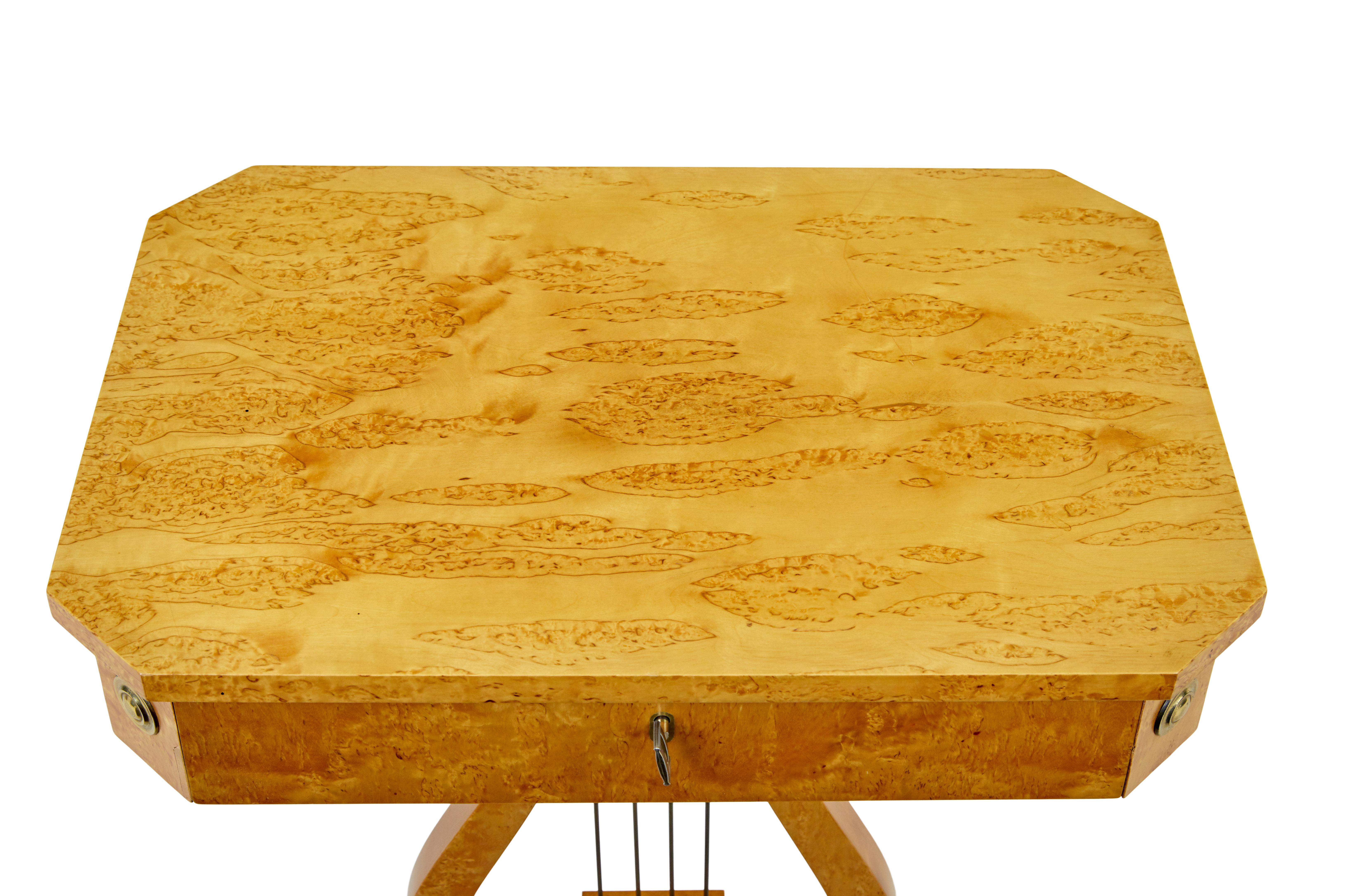Swedish 1920's empire revival birch lyre form side table circa 1920.

Fine quality example of a lyre pedestal table.  Octagonal shaped top and using burr birch timber.  Below the a single drawer with fitted compartments, further decorated with brass