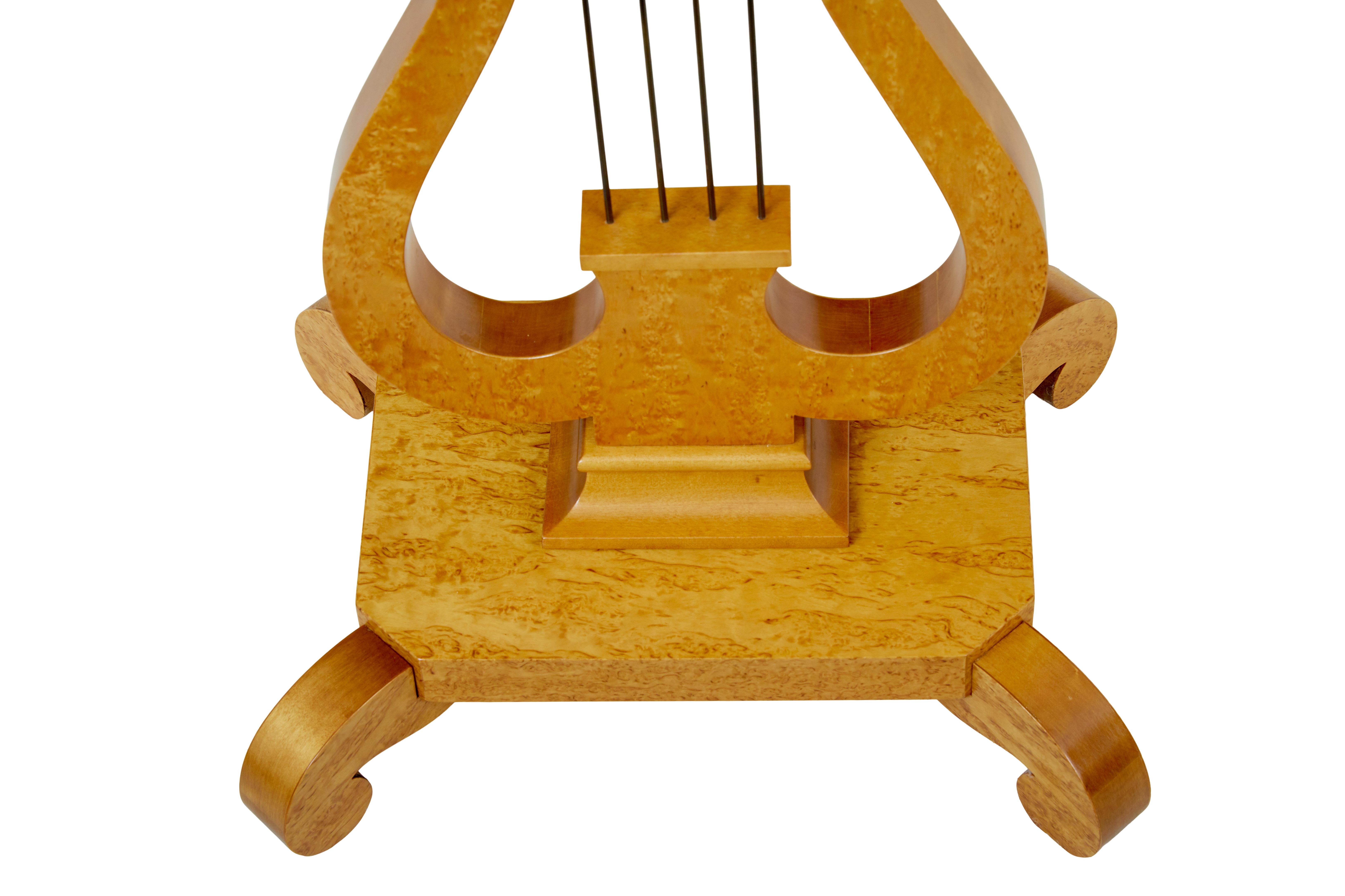 Hand-Carved Swedish 1920’s empire revival birch lyre form side table For Sale