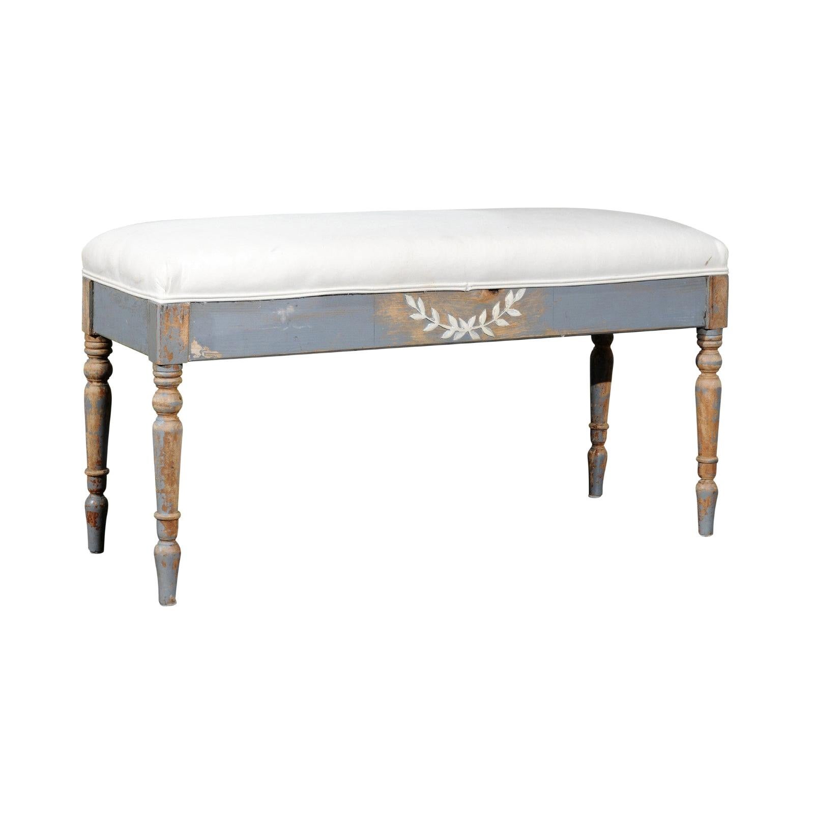Swedish 1920s Neoclassical Style Painted Wood Bench with Laurel Wreath Motif