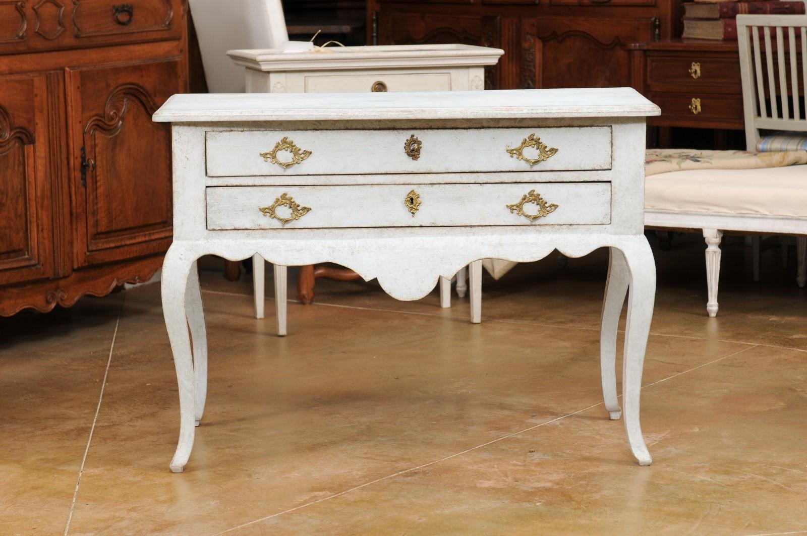 Swedish 1920s Rococo Style Painted Wood Two-Drawer Chest with Carved Apron For Sale 4