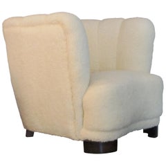 Swedish, 1930s Art Deco Single Club Armchair Newly Upholstered, Lambskin Fabric
