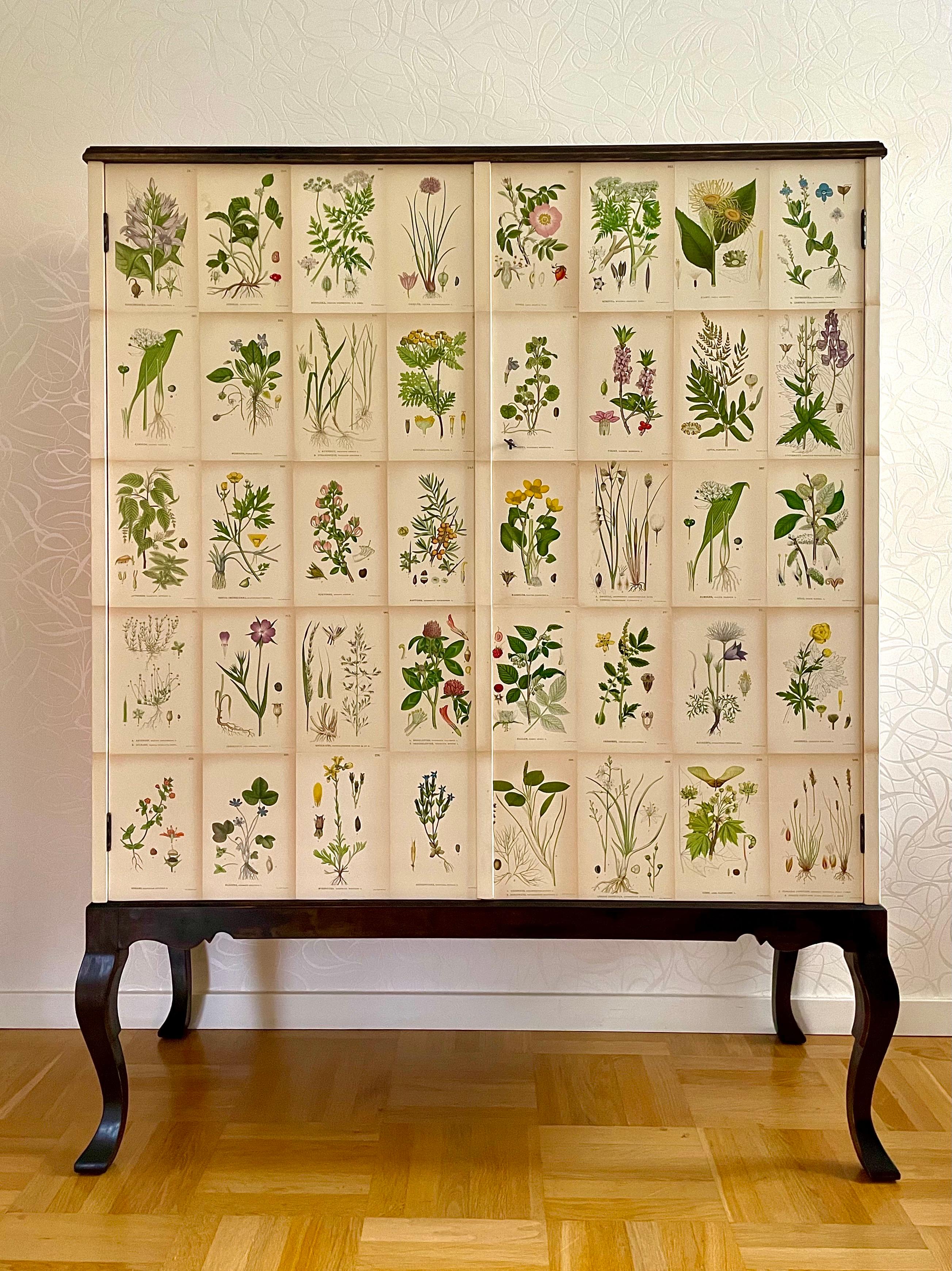 This is the Swedish Modern 1930s Cabinet, decorated with 70 different botanical Nordic flowers illustrations, in the style the famous head designer at Svenskt Tenn, Josef Frank. 

It comes with beautiful tall, curved legs and a top veneered in dark