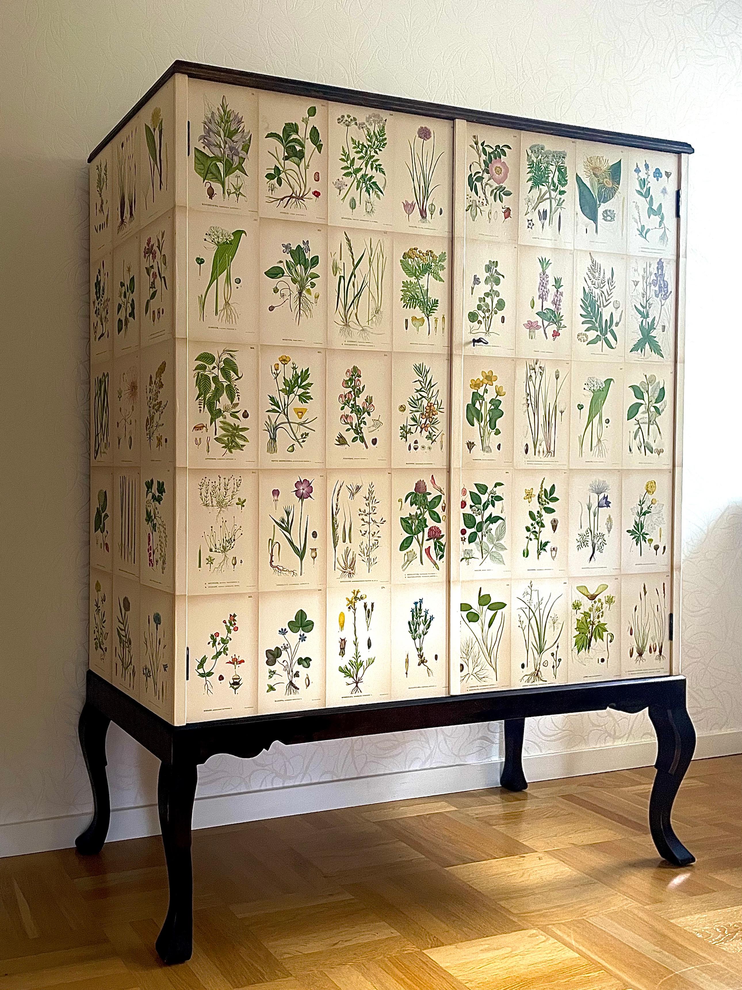 Hand-Carved Swedish 1930s Botanical Cabinet in Josef Frank's Style with Nordens Flora Decor