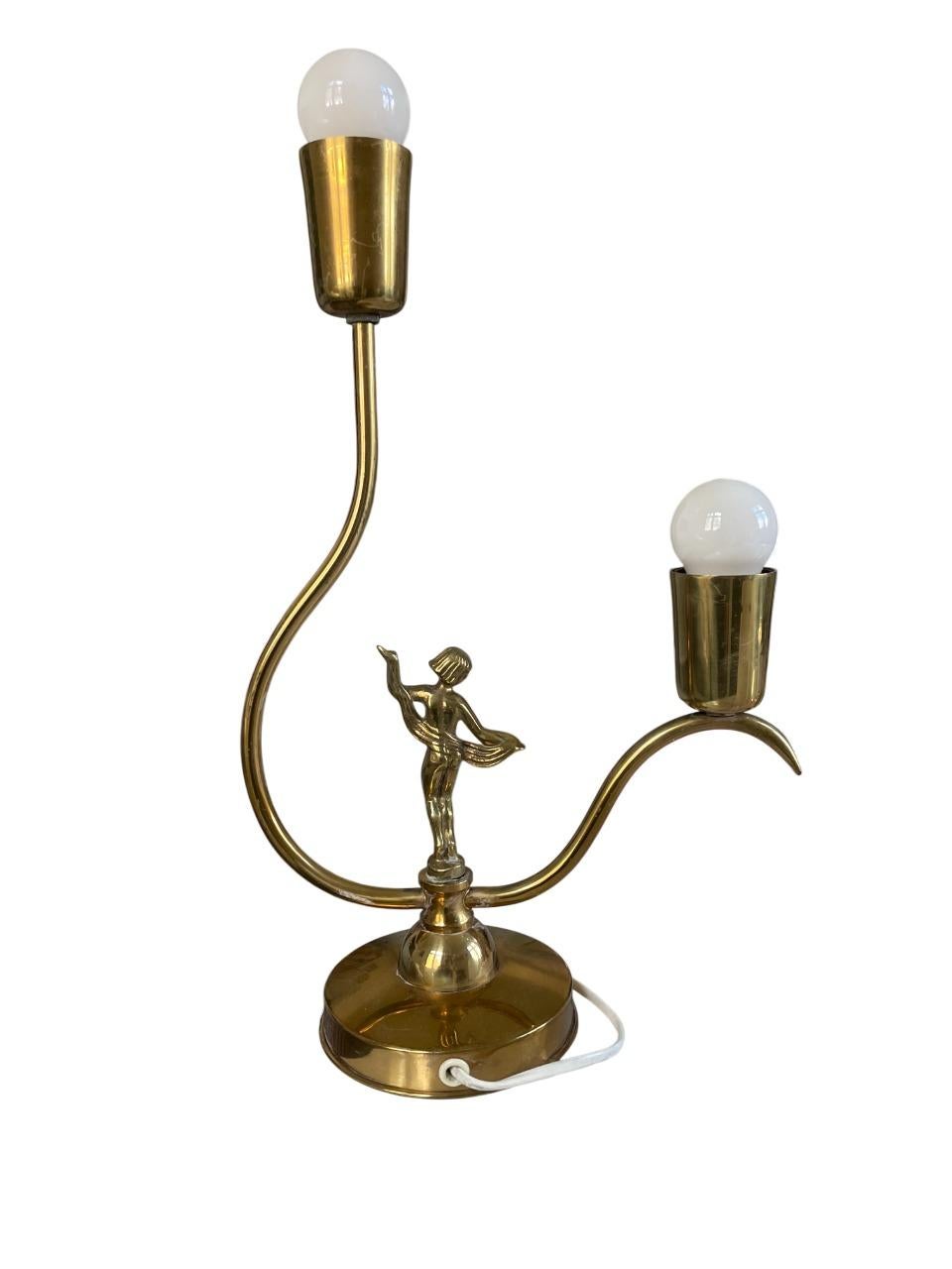 Swedish 1930s Double-Arm Brass Table Lamp by Ystad-Metall with Dancing Figurine For Sale 1