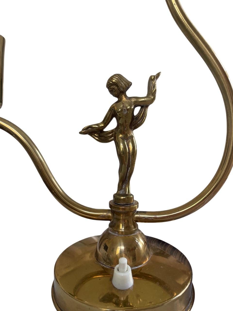 Swedish 1930s Double-Arm Brass Table Lamp by Ystad-Metall with Dancing Figurine For Sale 2
