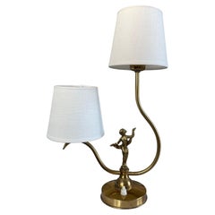Swedish 1930s Double-Arm Brass Table Lamp by Ystad-Metall with Dancing Figurine