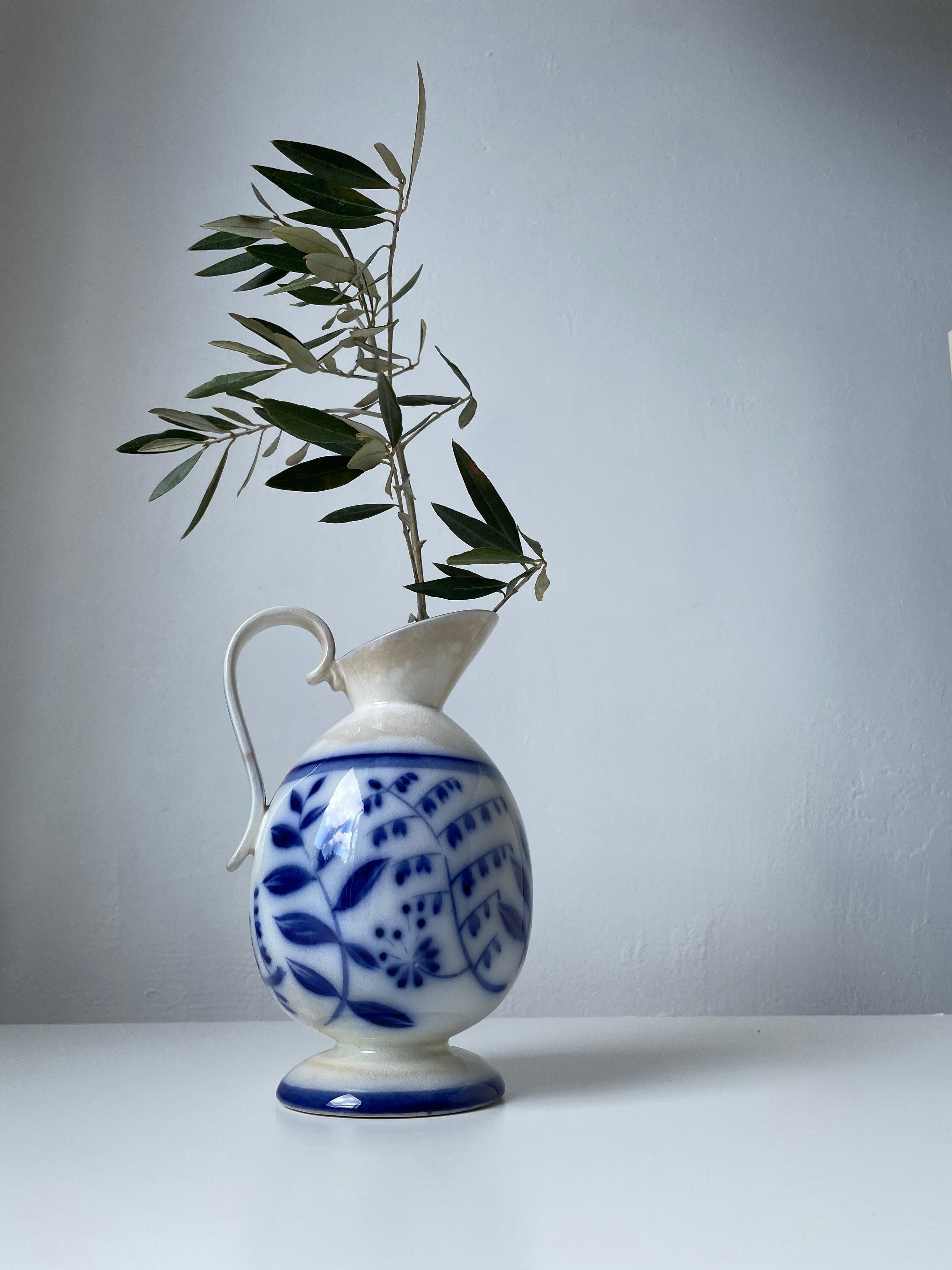 Arthur Percy (attr.) 1930s Floral Porcelain Blue White Pitcher Vase, Gefle  For Sale 3