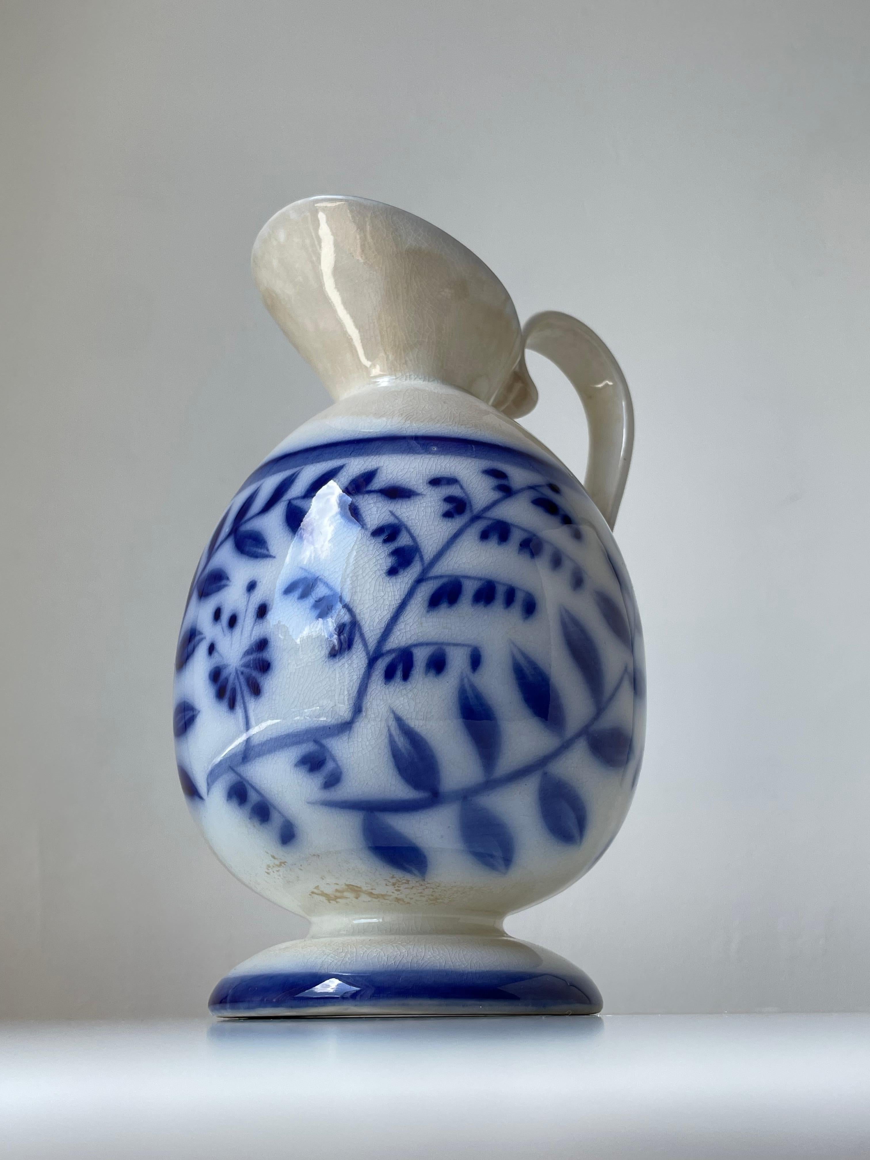 Arthur Percy (attr.) 1930s Floral Porcelain Blue White Pitcher Vase, Gefle  For Sale 4
