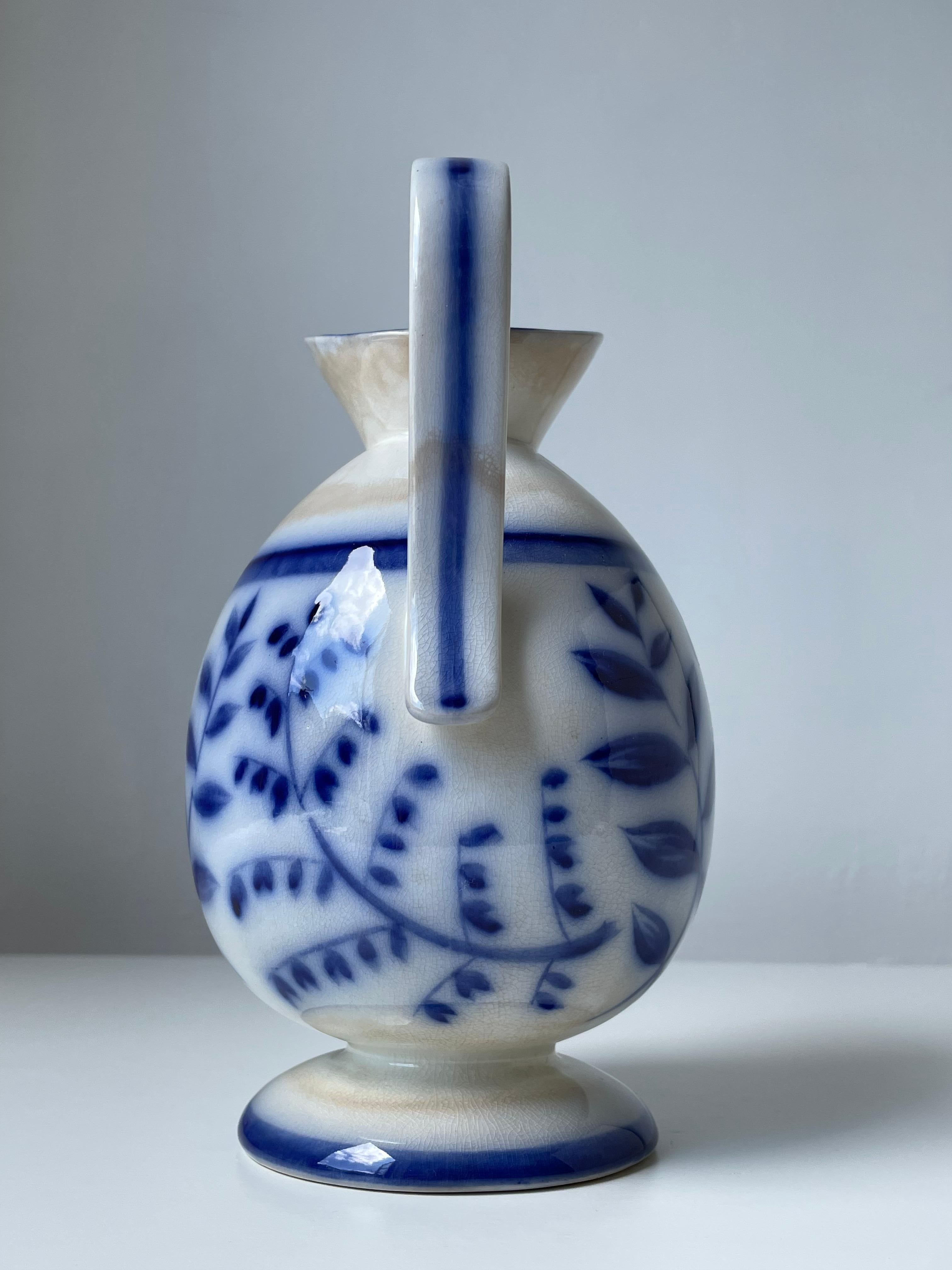 Arthur Percy (attr.) 1930s Floral Porcelain Blue White Pitcher Vase, Gefle  For Sale 8