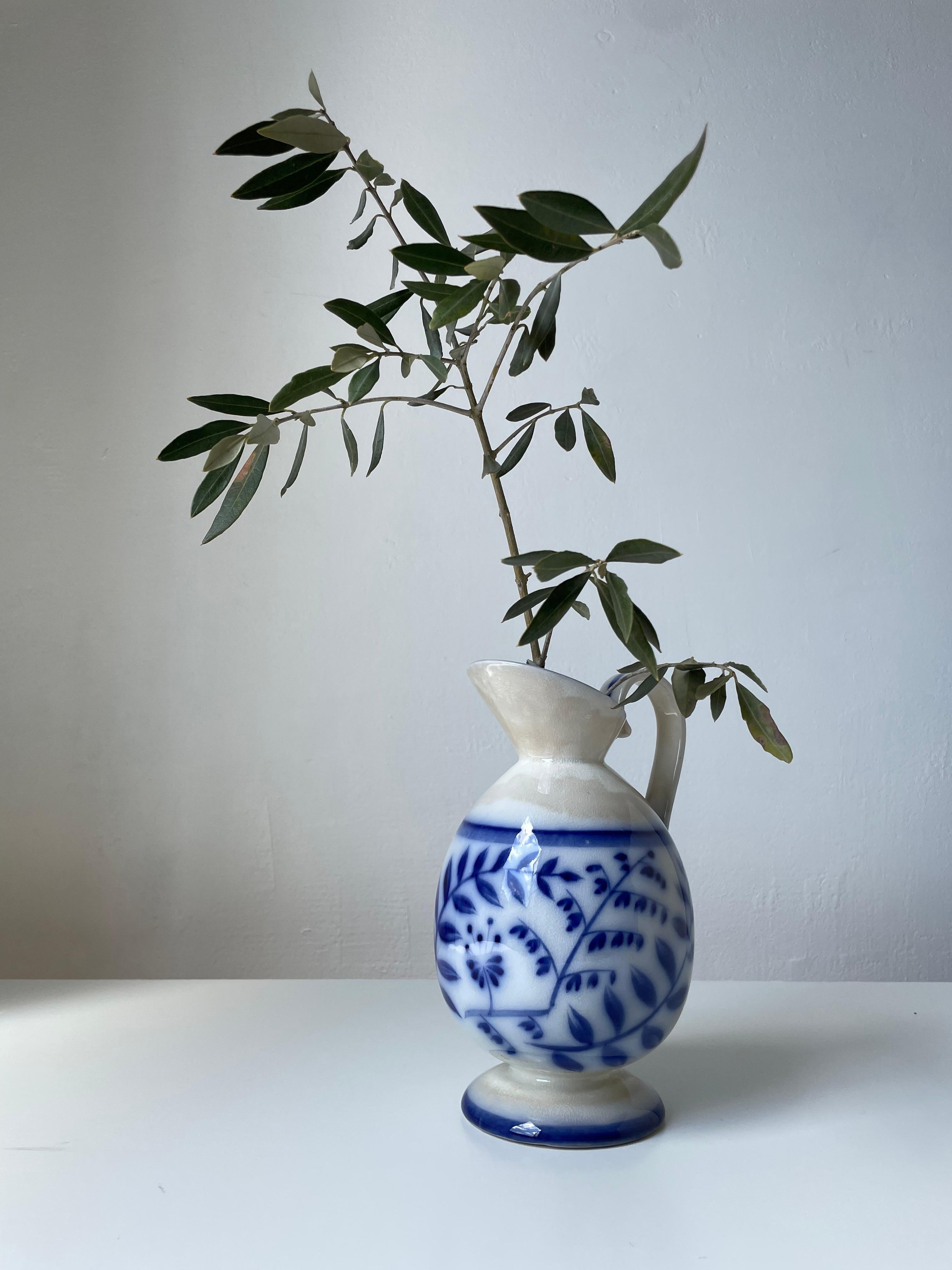 Arthur Percy (attr.) 1930s Floral Porcelain Blue White Pitcher Vase, Gefle  For Sale 9