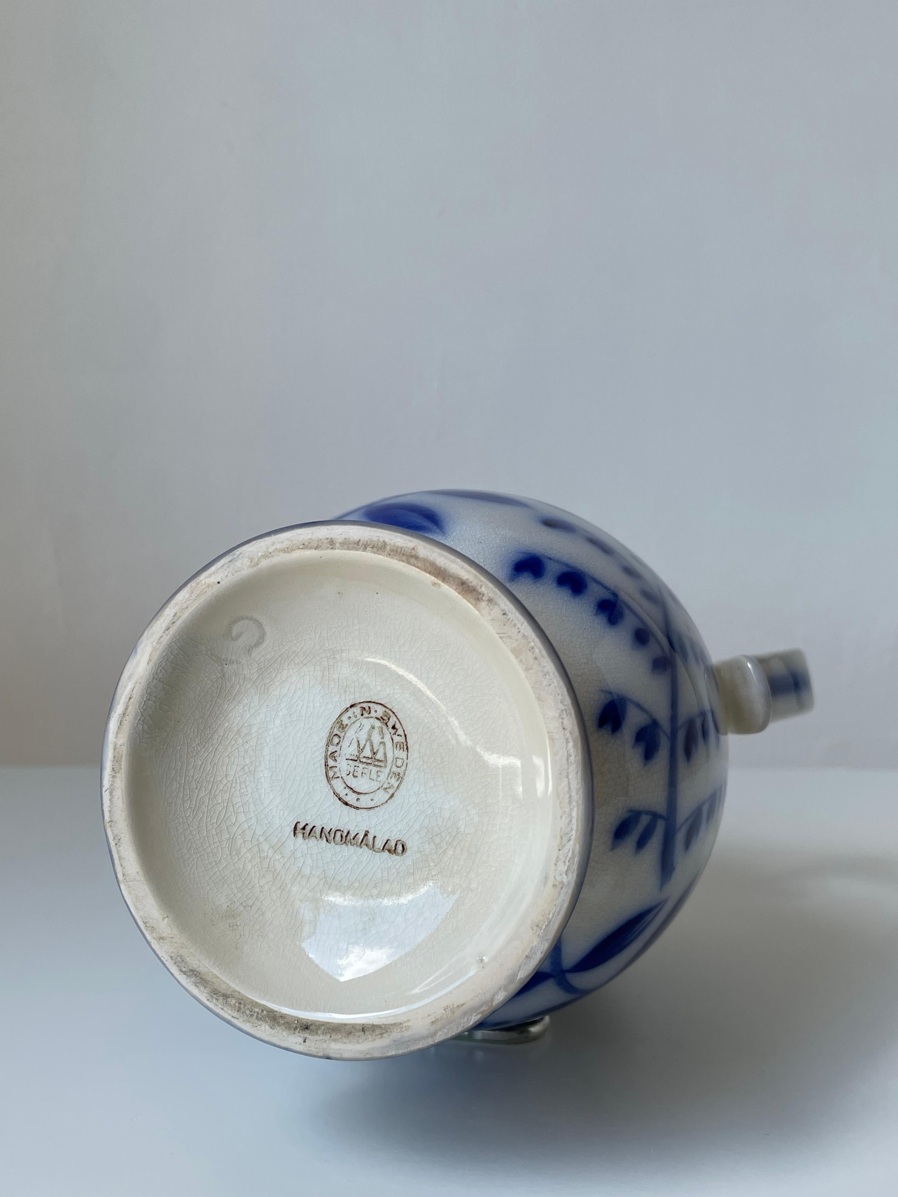 Arthur Percy (attr.) 1930s Floral Porcelain Blue White Pitcher Vase, Gefle  For Sale 10