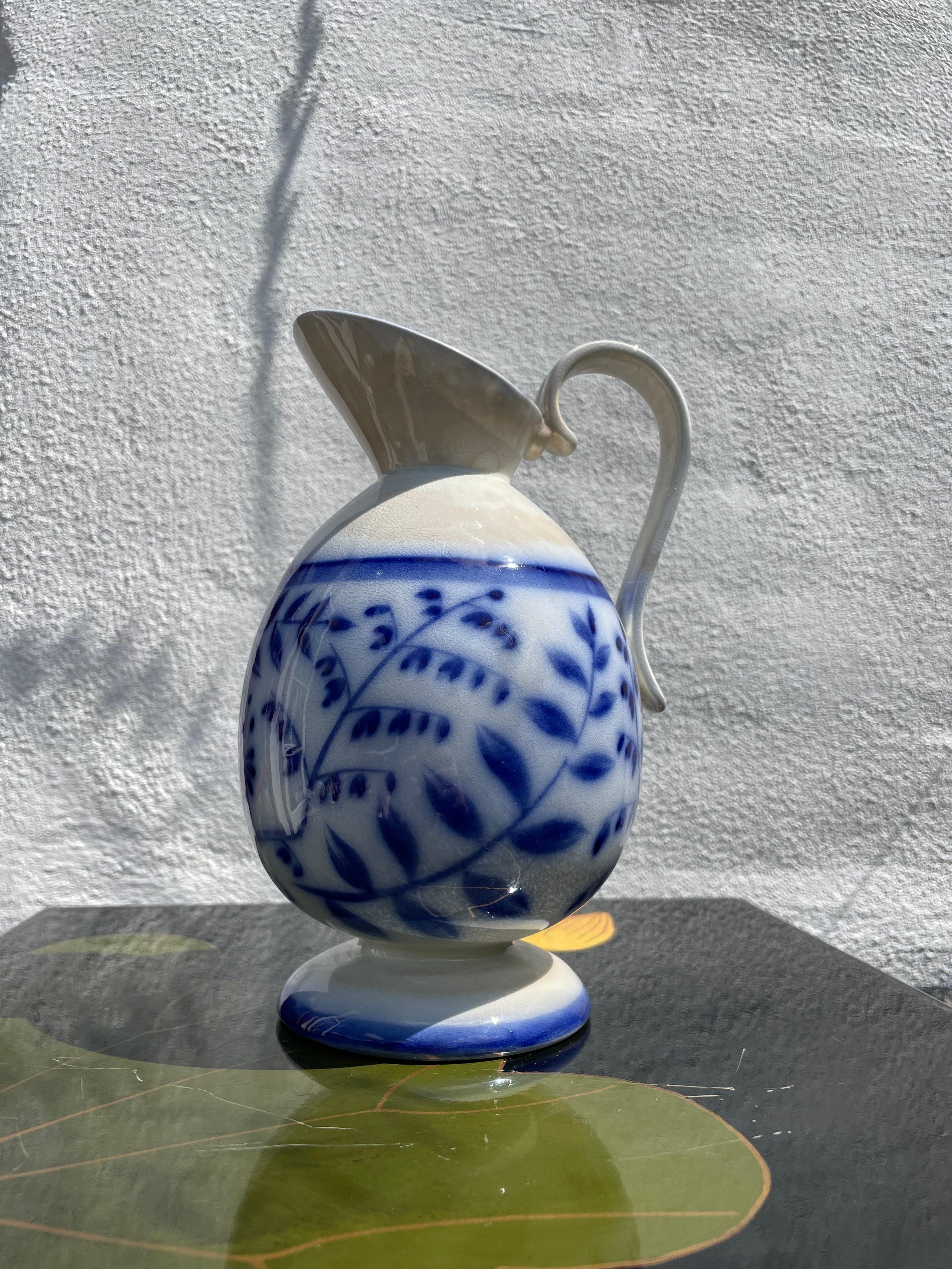 Arthur Percy (attr.) 1930s Floral Porcelain Blue White Pitcher Vase, Gefle  For Sale 11