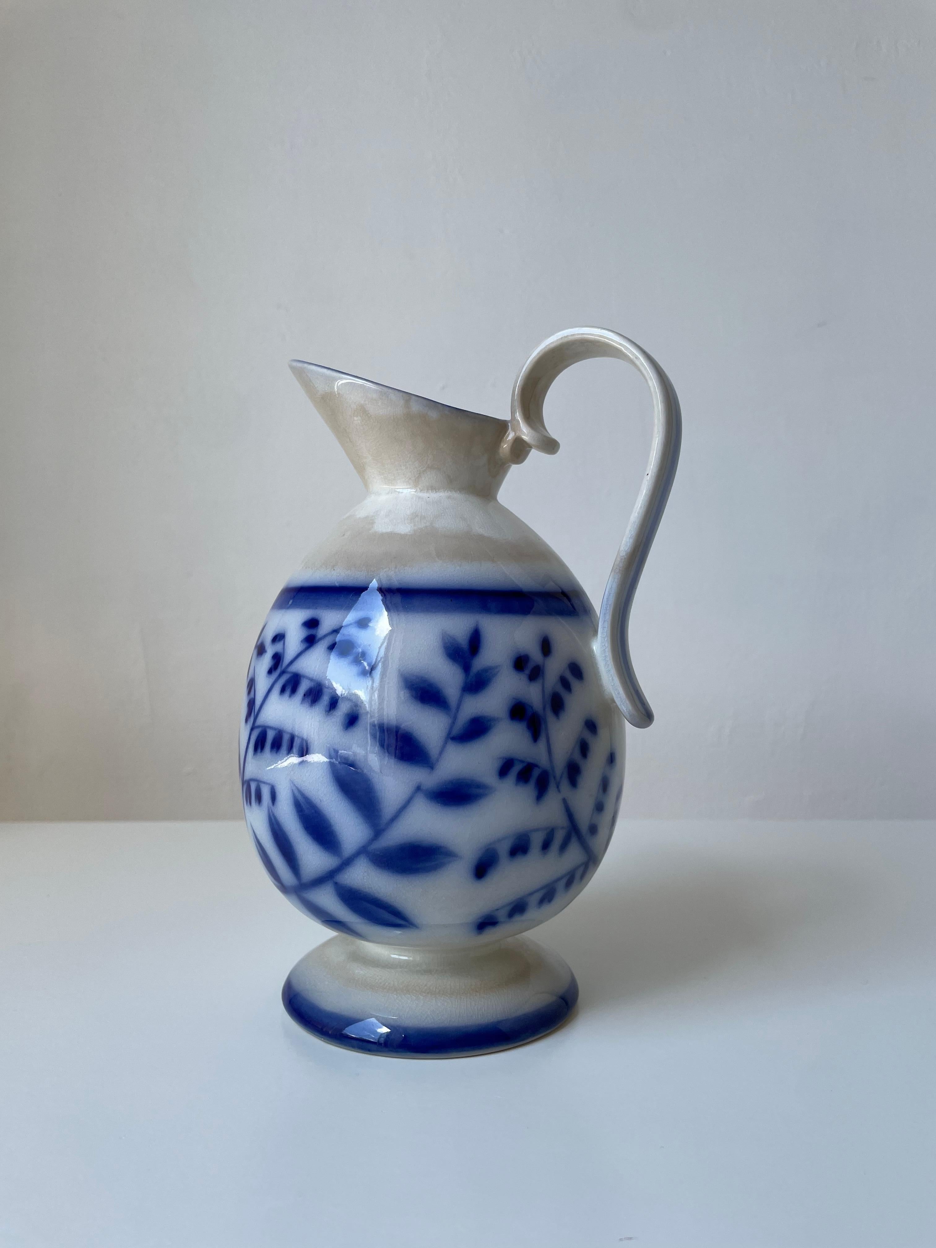 Art Nouveau Arthur Percy (attr.) 1930s Floral Porcelain Blue White Pitcher Vase, Gefle  For Sale
