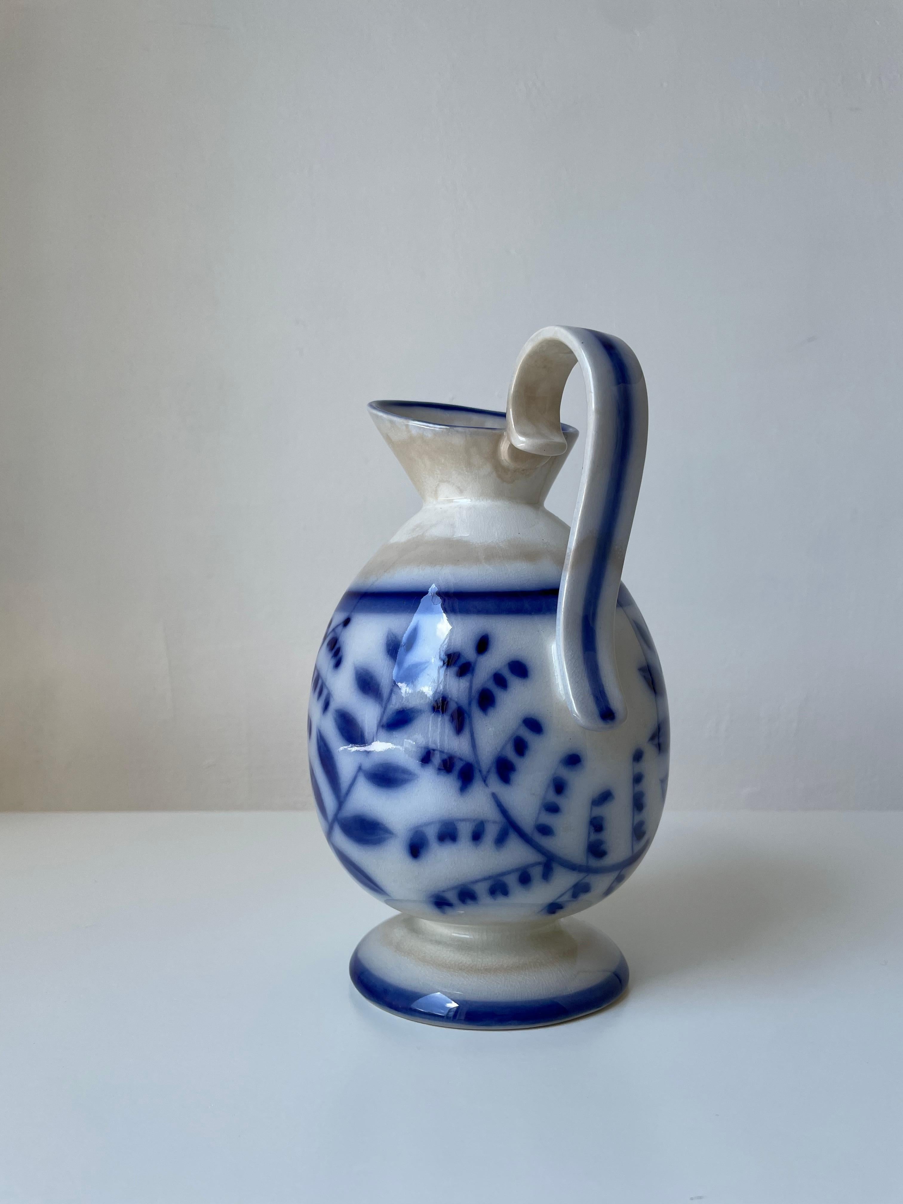 Swedish Arthur Percy (attr.) 1930s Floral Porcelain Blue White Pitcher Vase, Gefle  For Sale