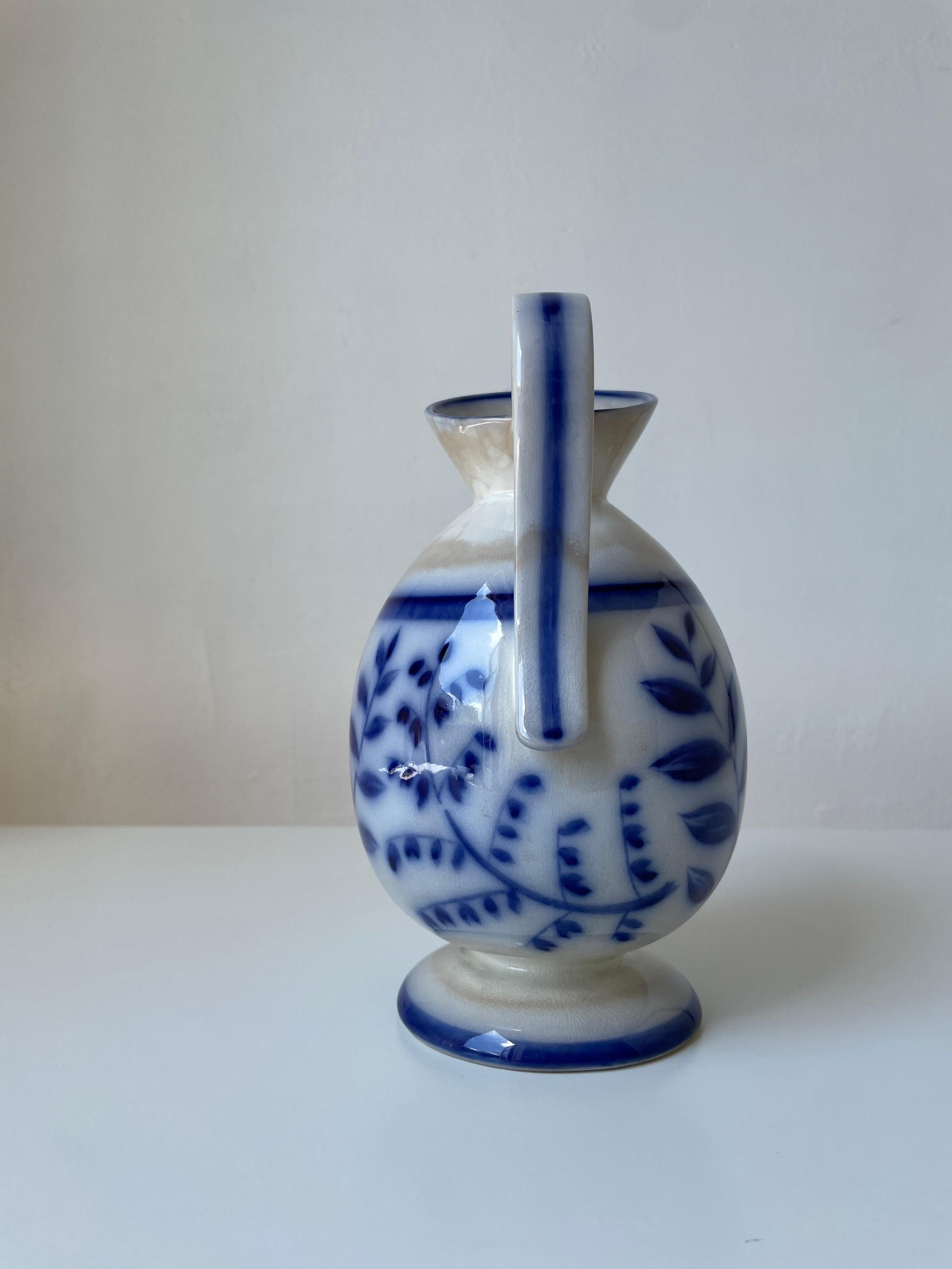 Hand-Painted Arthur Percy (attr.) 1930s Floral Porcelain Blue White Pitcher Vase, Gefle  For Sale