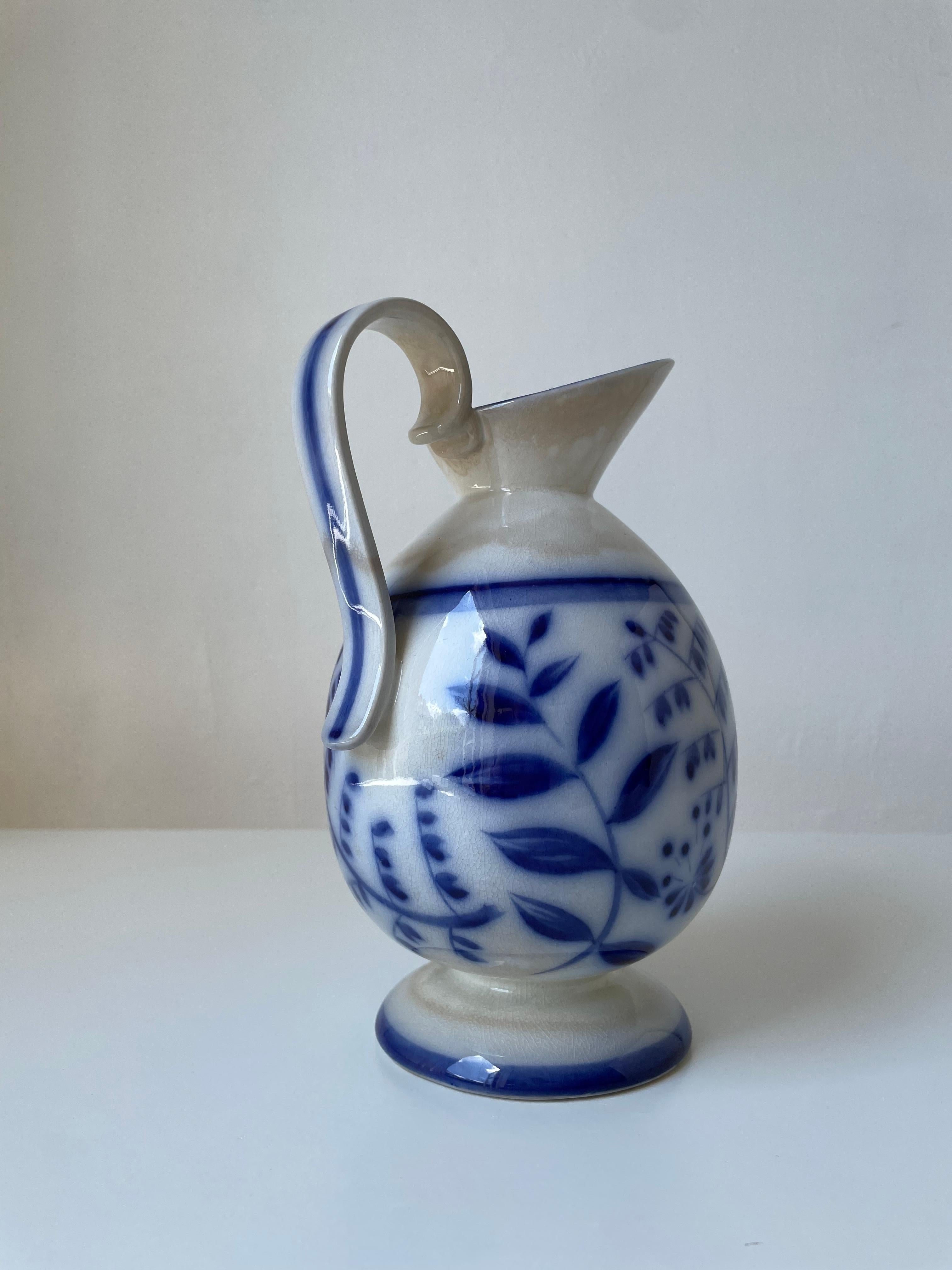 Arthur Percy (attr.) 1930s Floral Porcelain Blue White Pitcher Vase, Gefle  In Good Condition For Sale In Copenhagen, DK