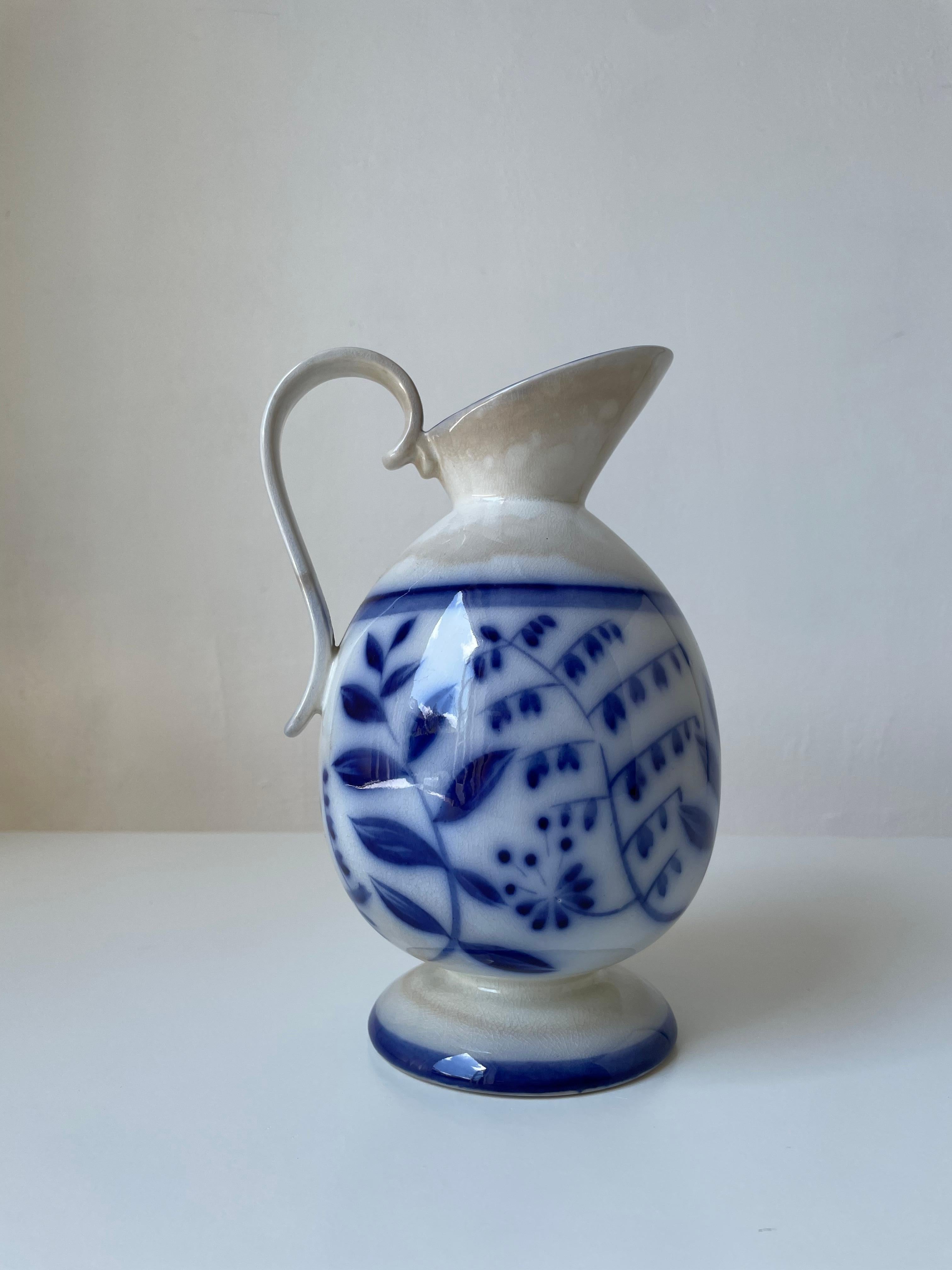20th Century Arthur Percy (attr.) 1930s Floral Porcelain Blue White Pitcher Vase, Gefle  For Sale